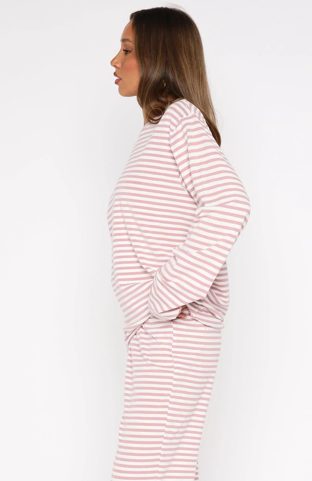 Slow Life Long Sleeve Pyjama Top Pink White Stripe