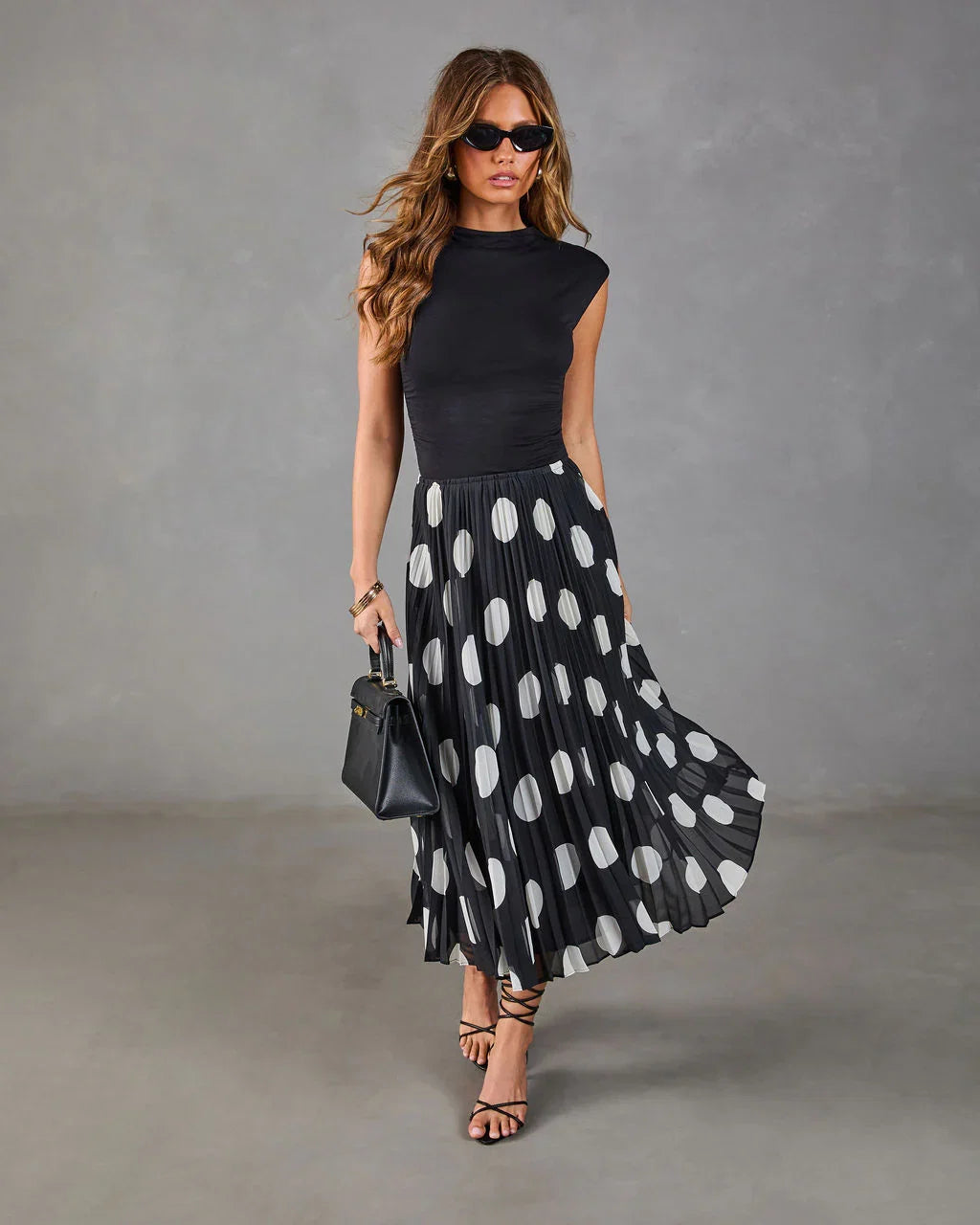 Evening Icon Pleated Polka Dot Midi Skirt
