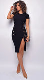 Keyara Button Detail Ribbed Slit Midi Dress Black