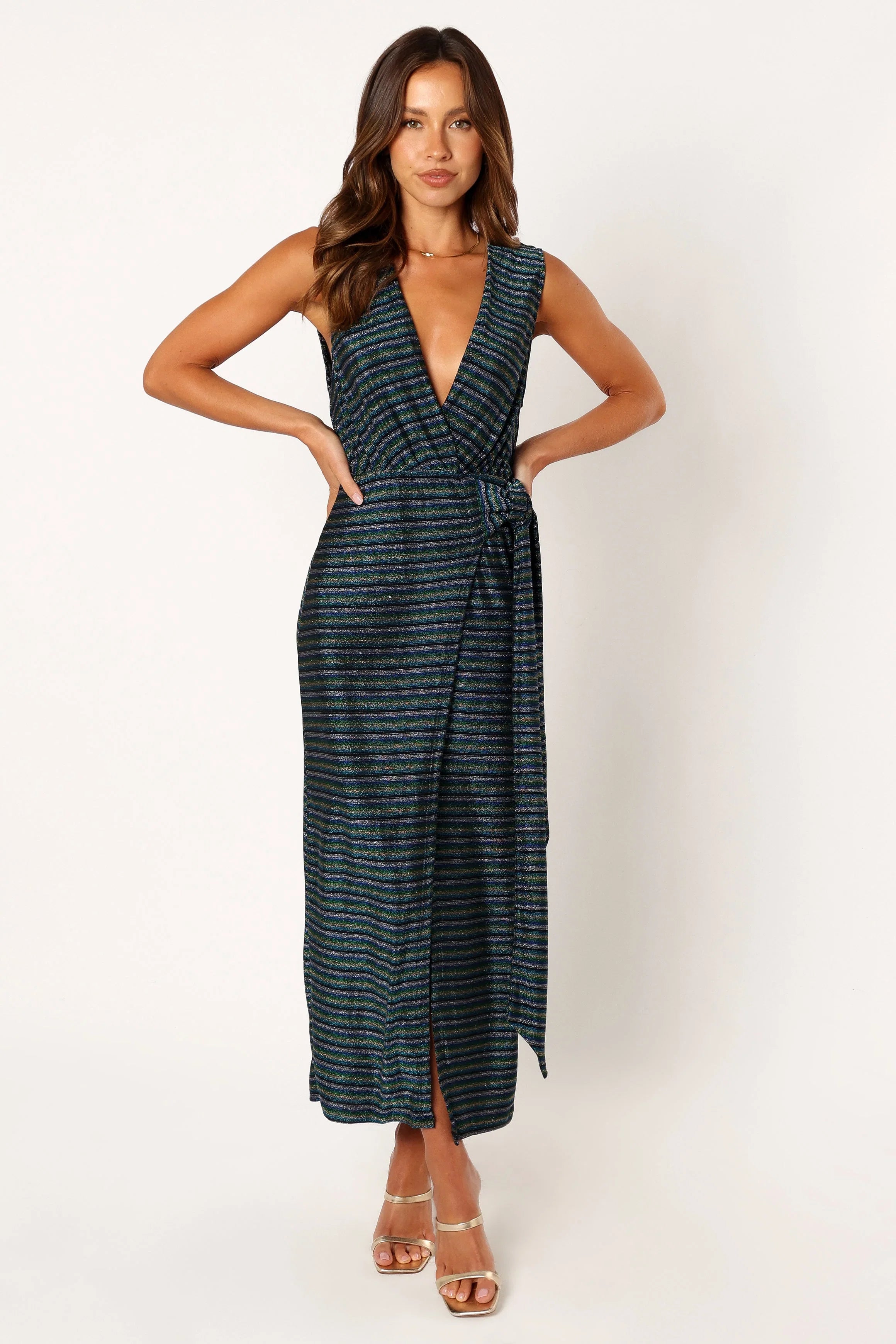 Tahlia Wrap Midi Dress Blue Gold Stripe