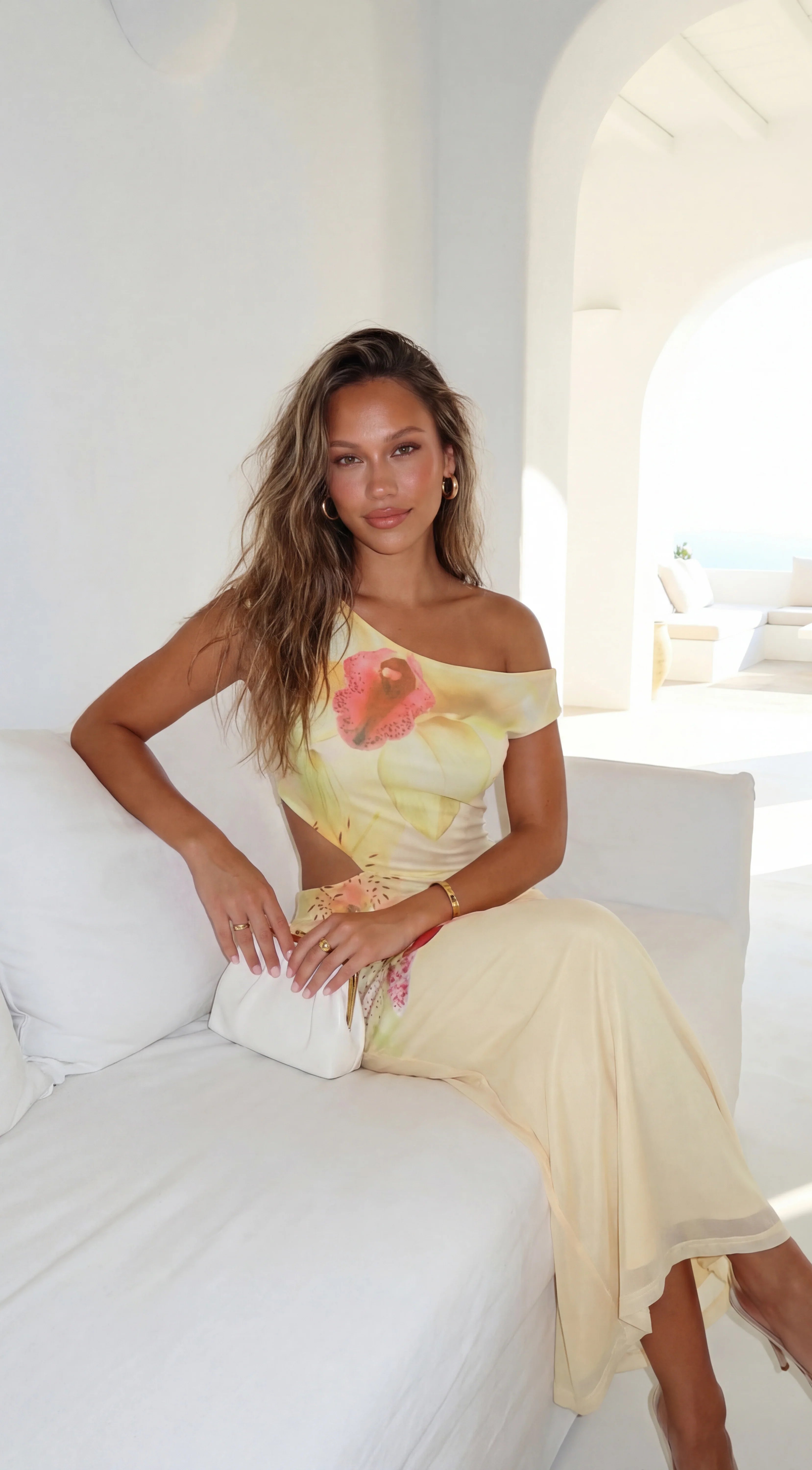 Lioraya Floral Off Shoulder Maxi Dress Pale Yellow Multi