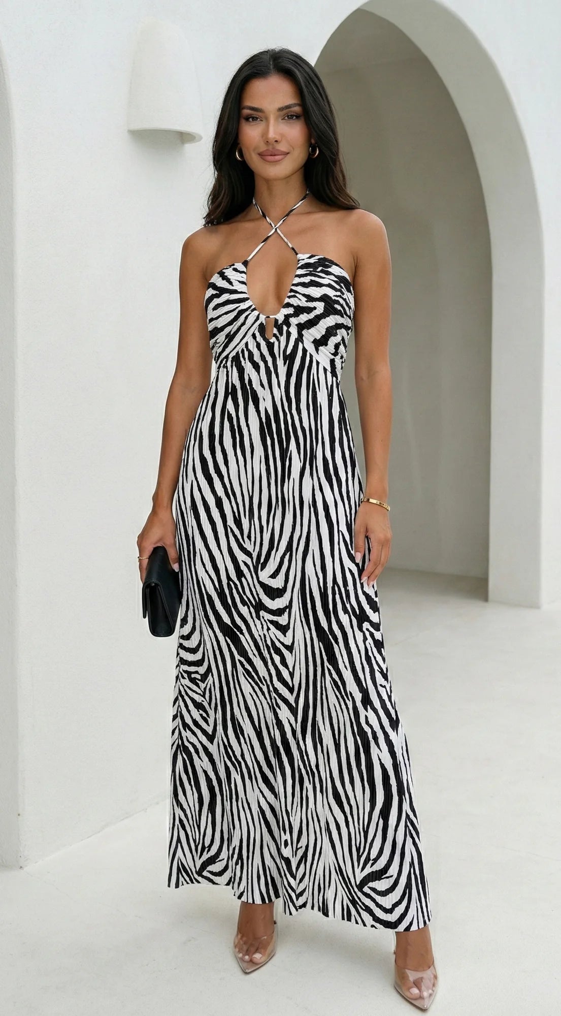 Noemiya Zebra Pleated Halter Maxi Dress White