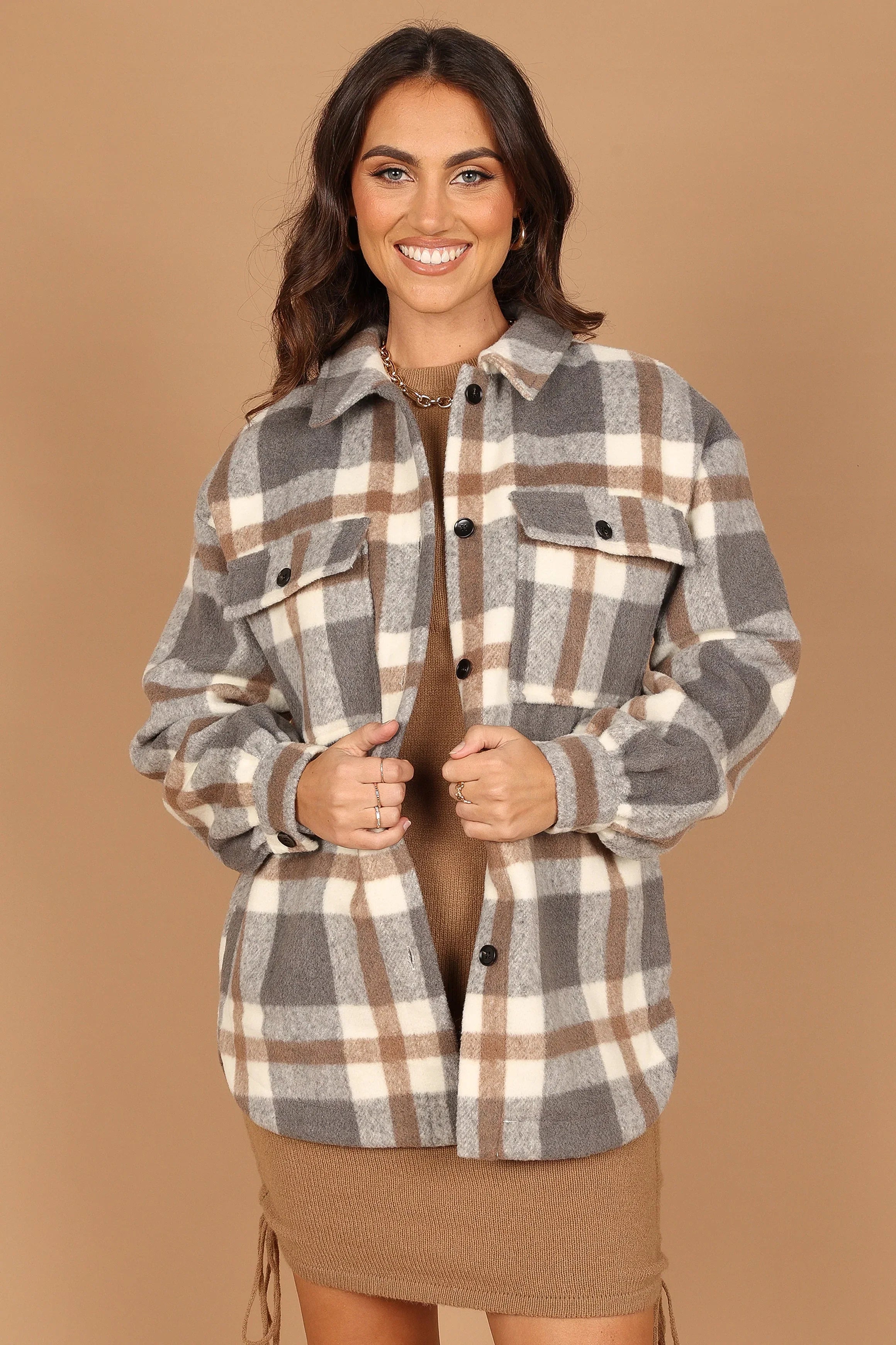 Alex Double Breasted Pocket Shacket Grey Check