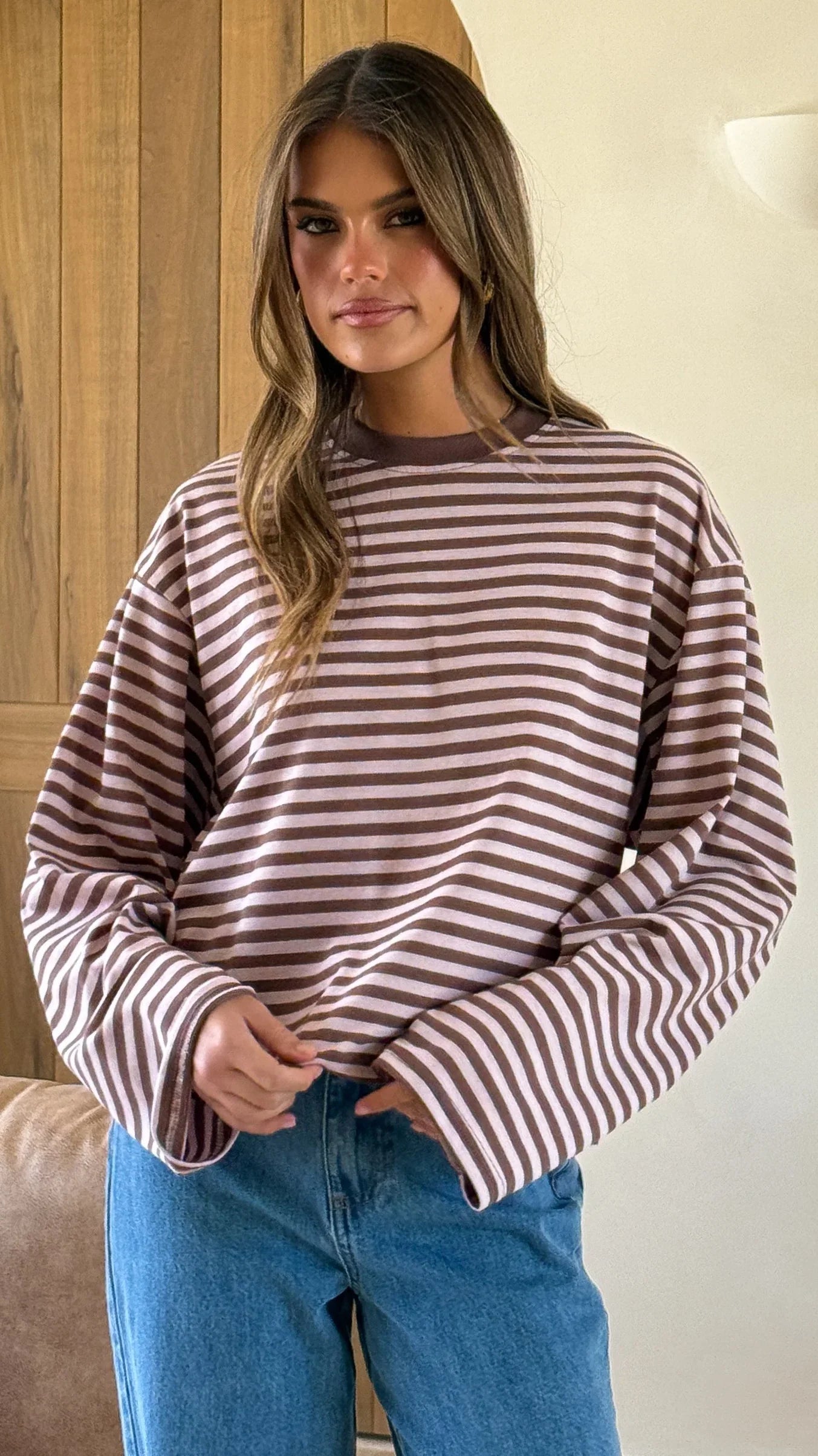 Solana Long Sleeve Top Pink Choc Stripe