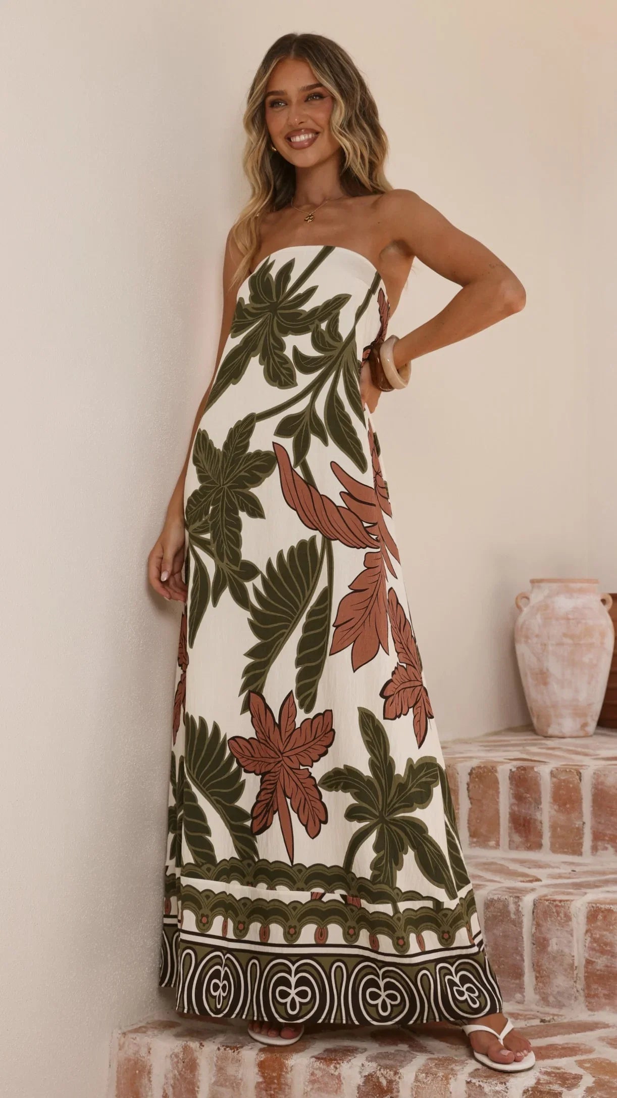 Connie Maxi Dress Green Beige Palm