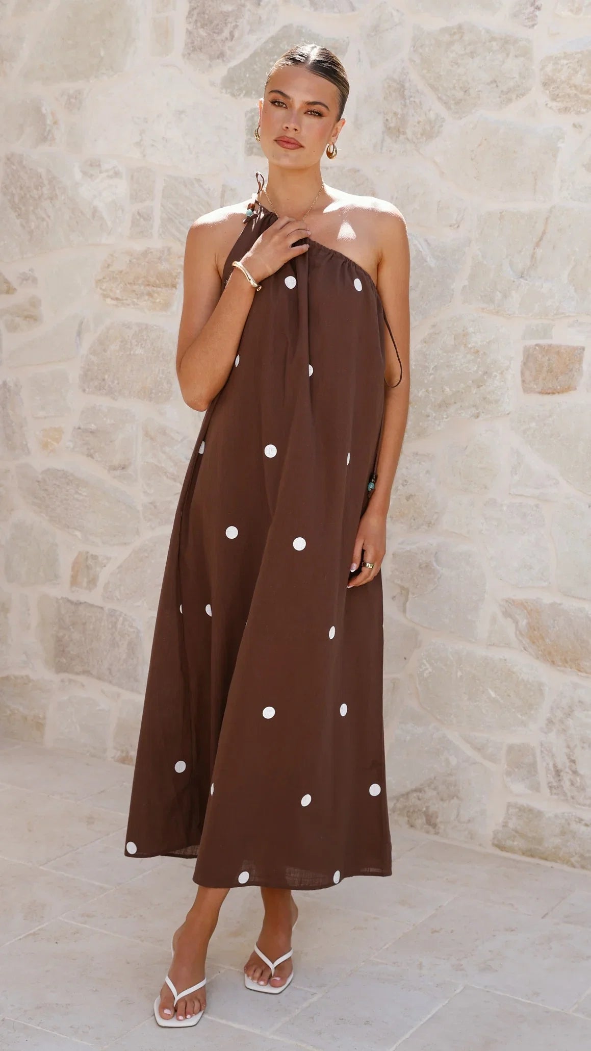Nasira One Shoulder Maxi Dress Chocolate White Polka Dot
