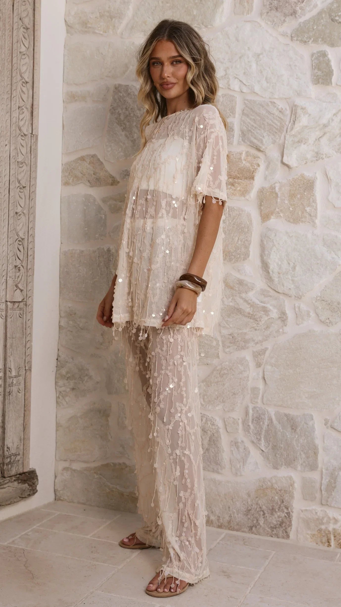 Zabby Sequin Oversized T Shirt Beige