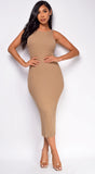 Lyra Taupe Beige Ribbed Open Back Midi Dress