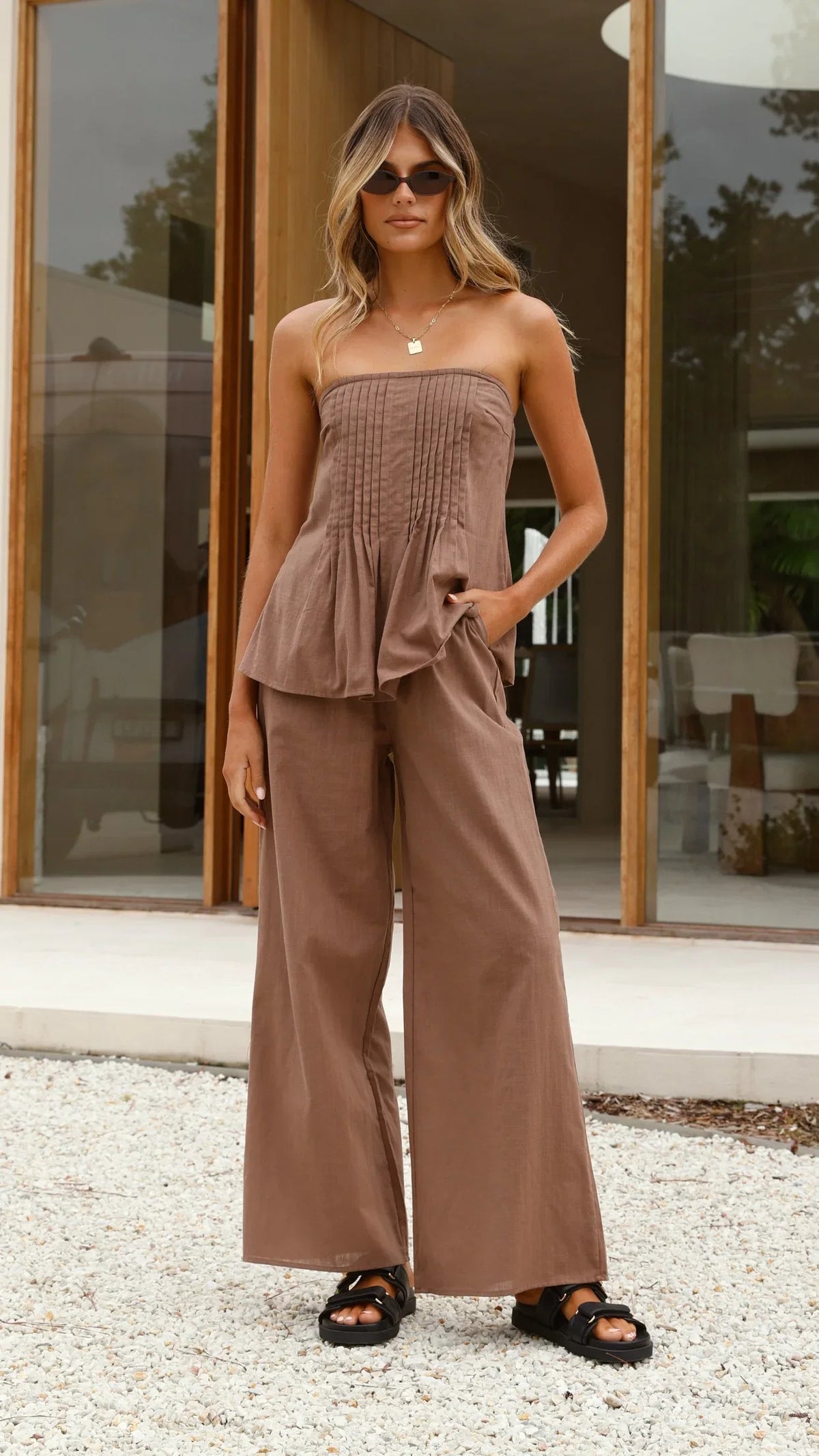 Sharni Strapless Pleat Top and Pants Set Chocolate