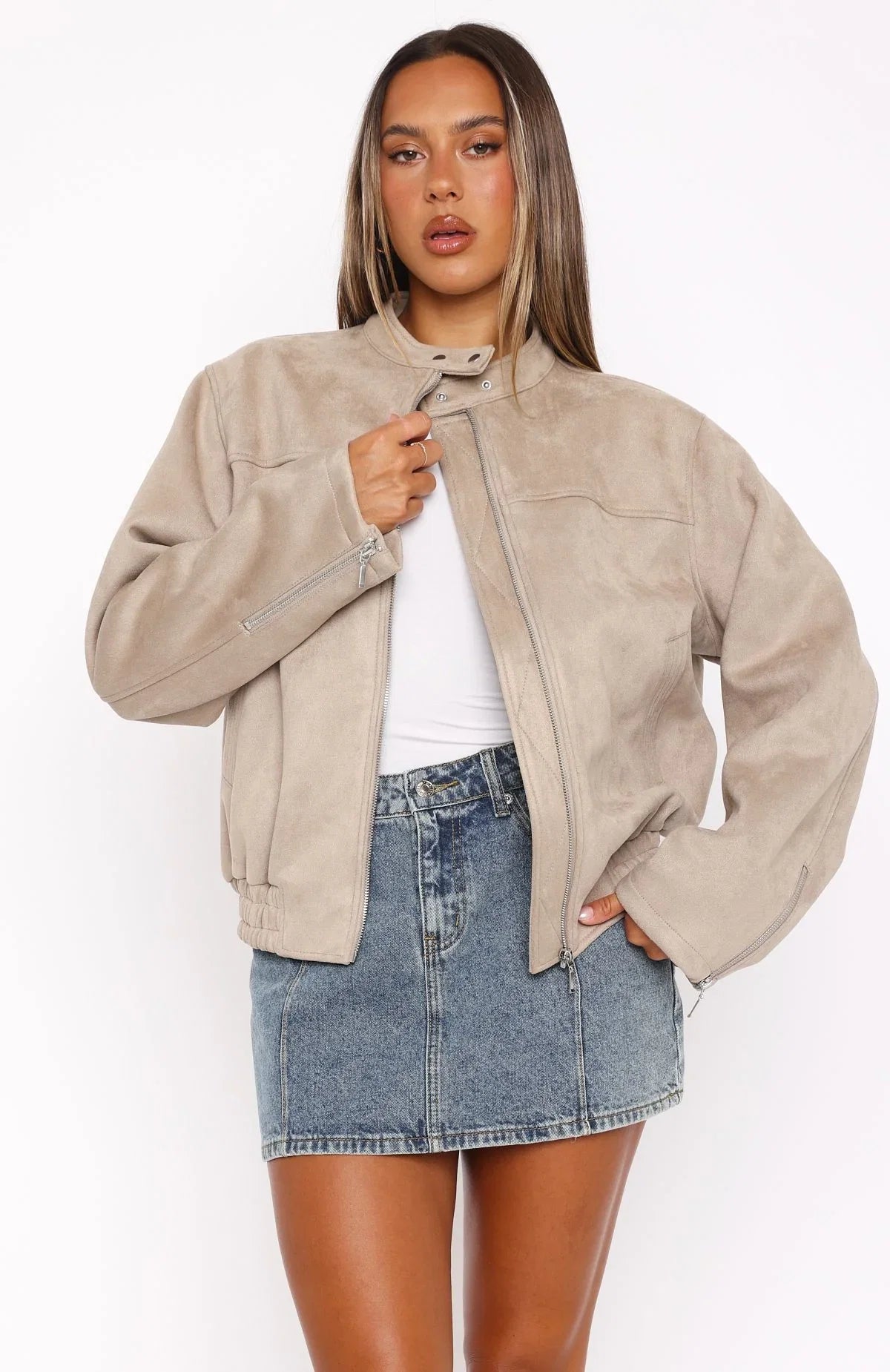 Watchin Out Faux Suede Bomber Jacket Sand