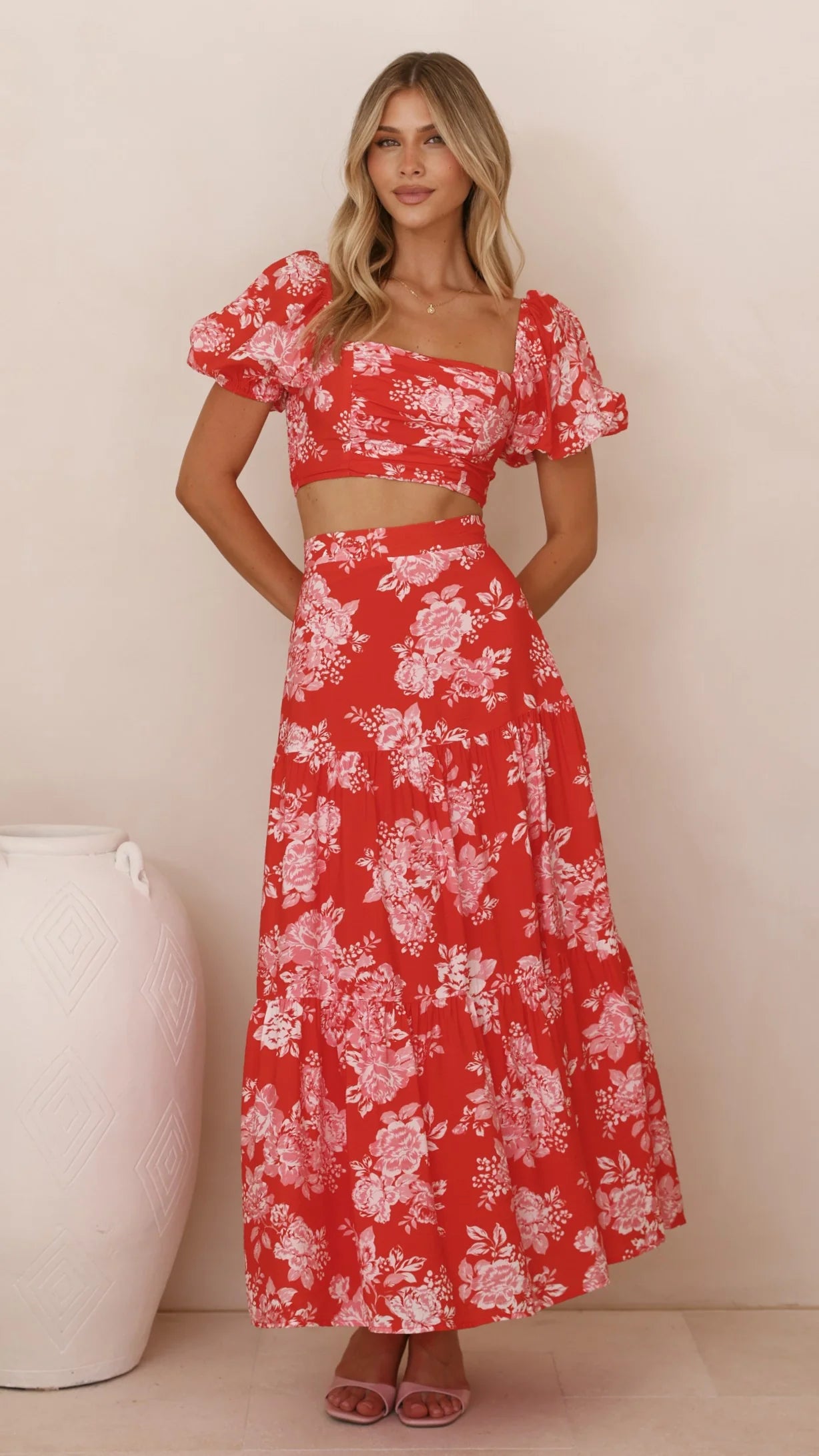 Calla Top and Maxi Skirt Set Red Floral
