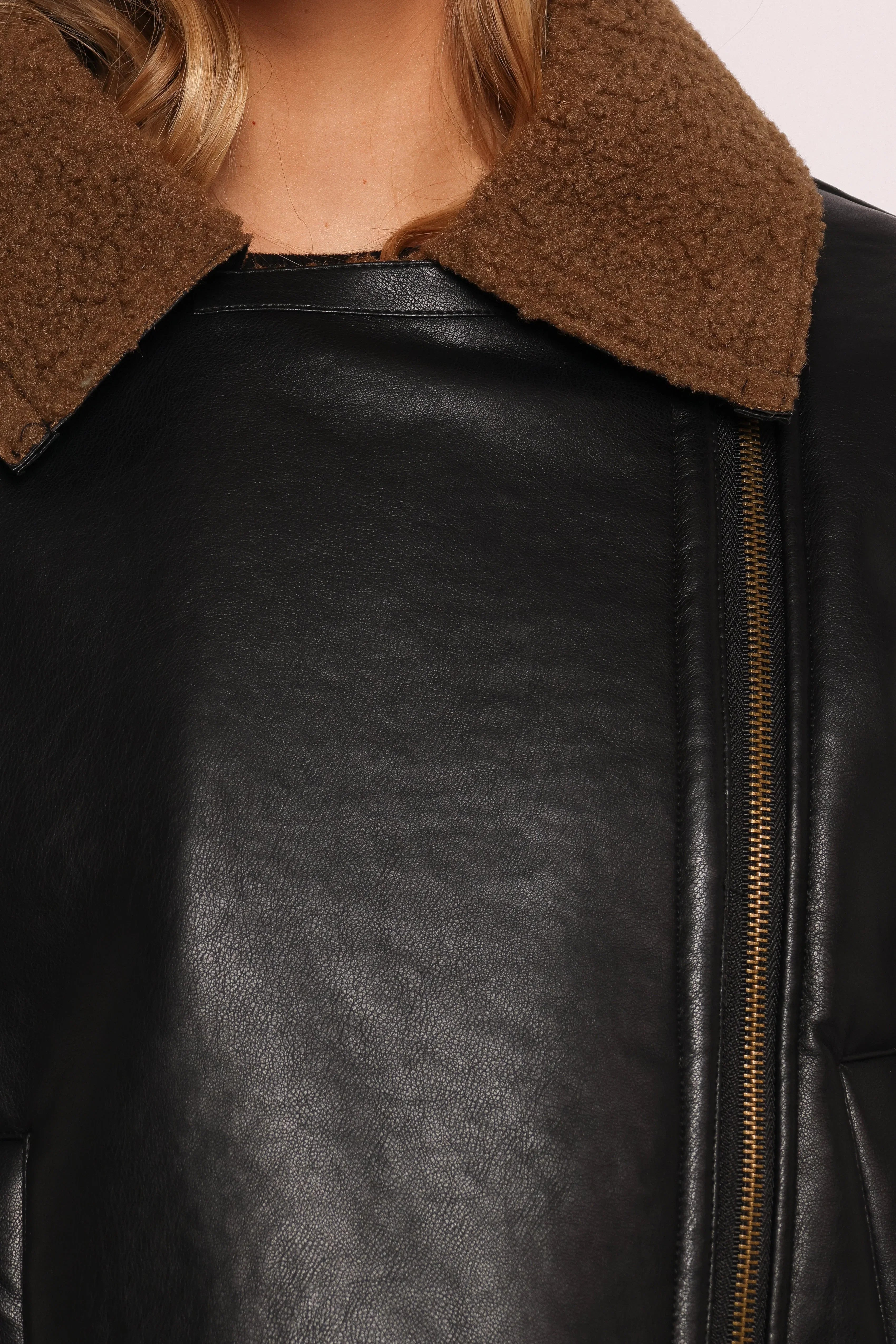 Folk Faux Leather Jacket Black Brown