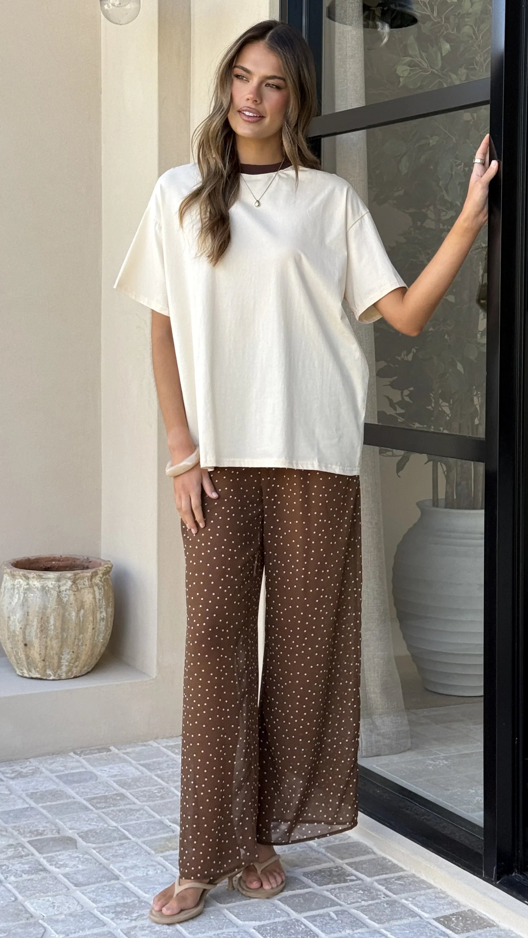 Zavier Oversized T Shirt and Polka Dot Pants Set Beige Chocolate