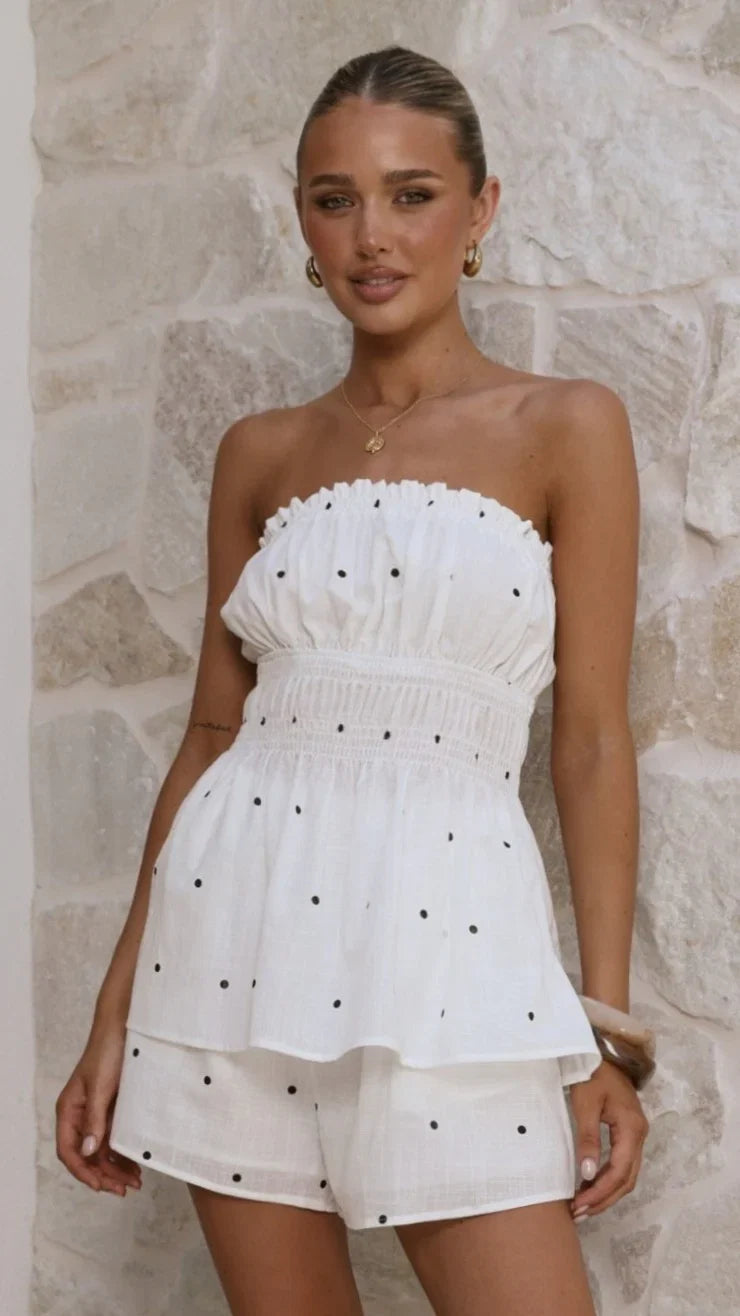 Ziva Strapless Top and Shorts Set White Polka