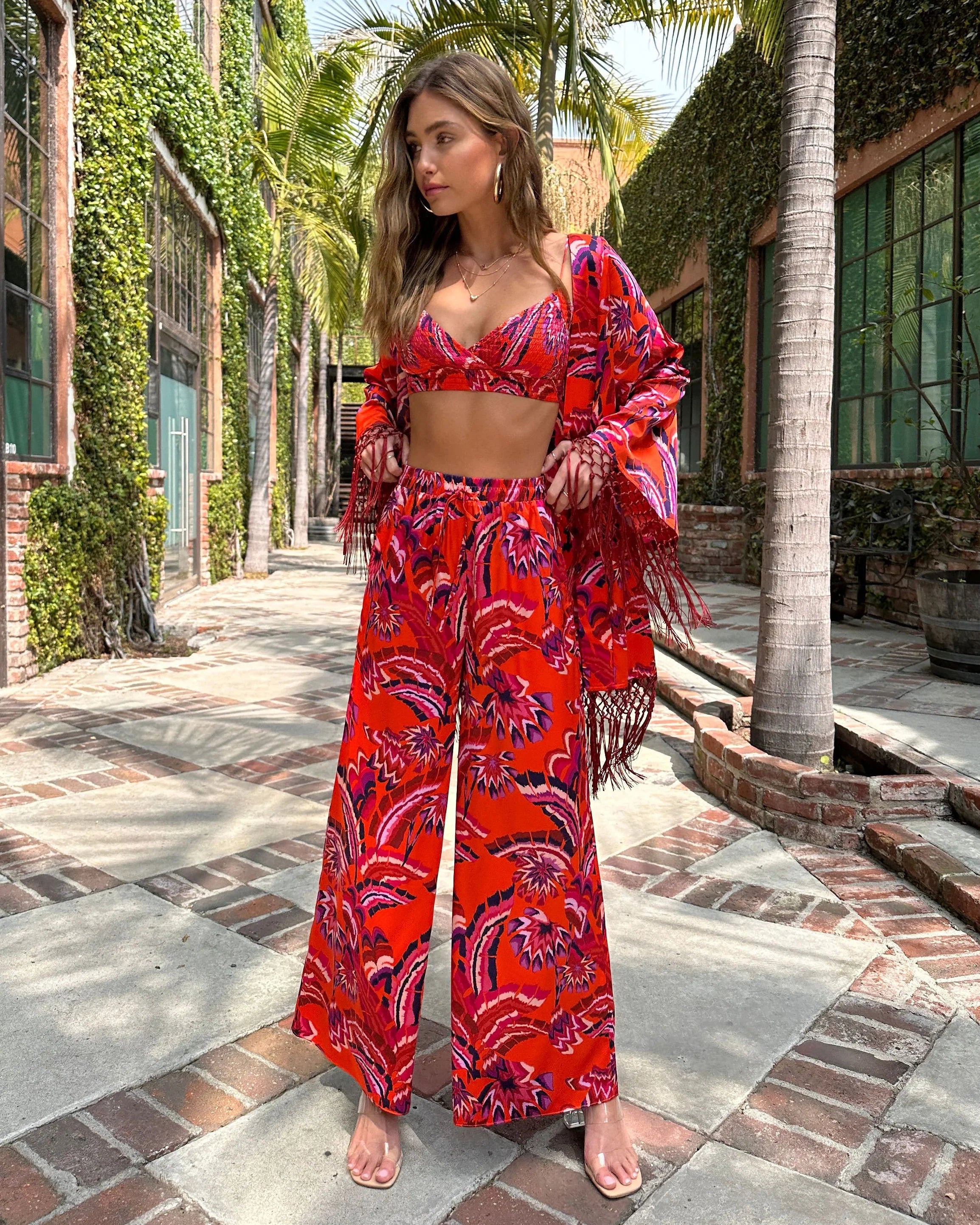 Azra Tropical Pocketed Wide Leg Drawstring Pant