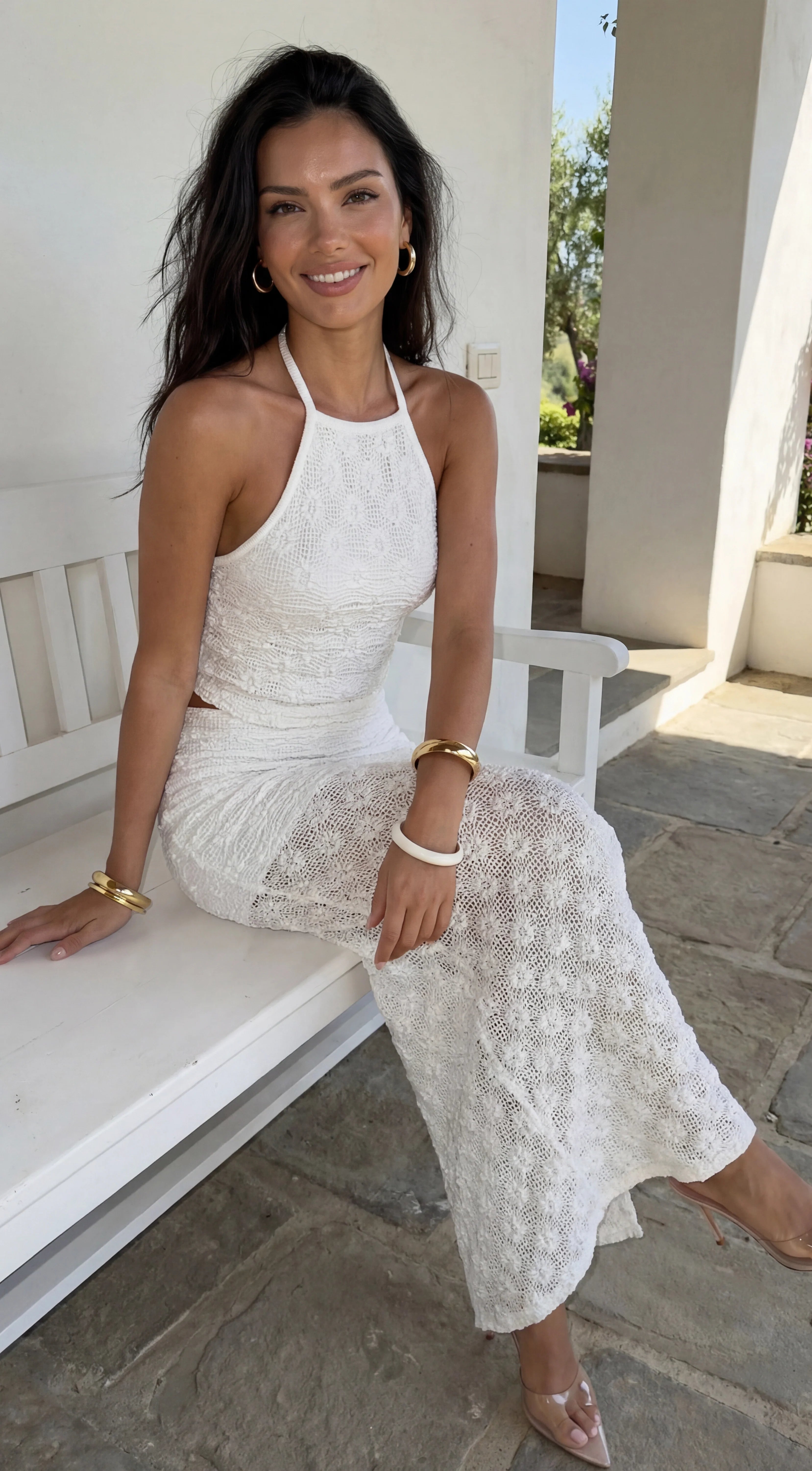 Mykonia Textured Crochet Halter Maxi Set Cream White
