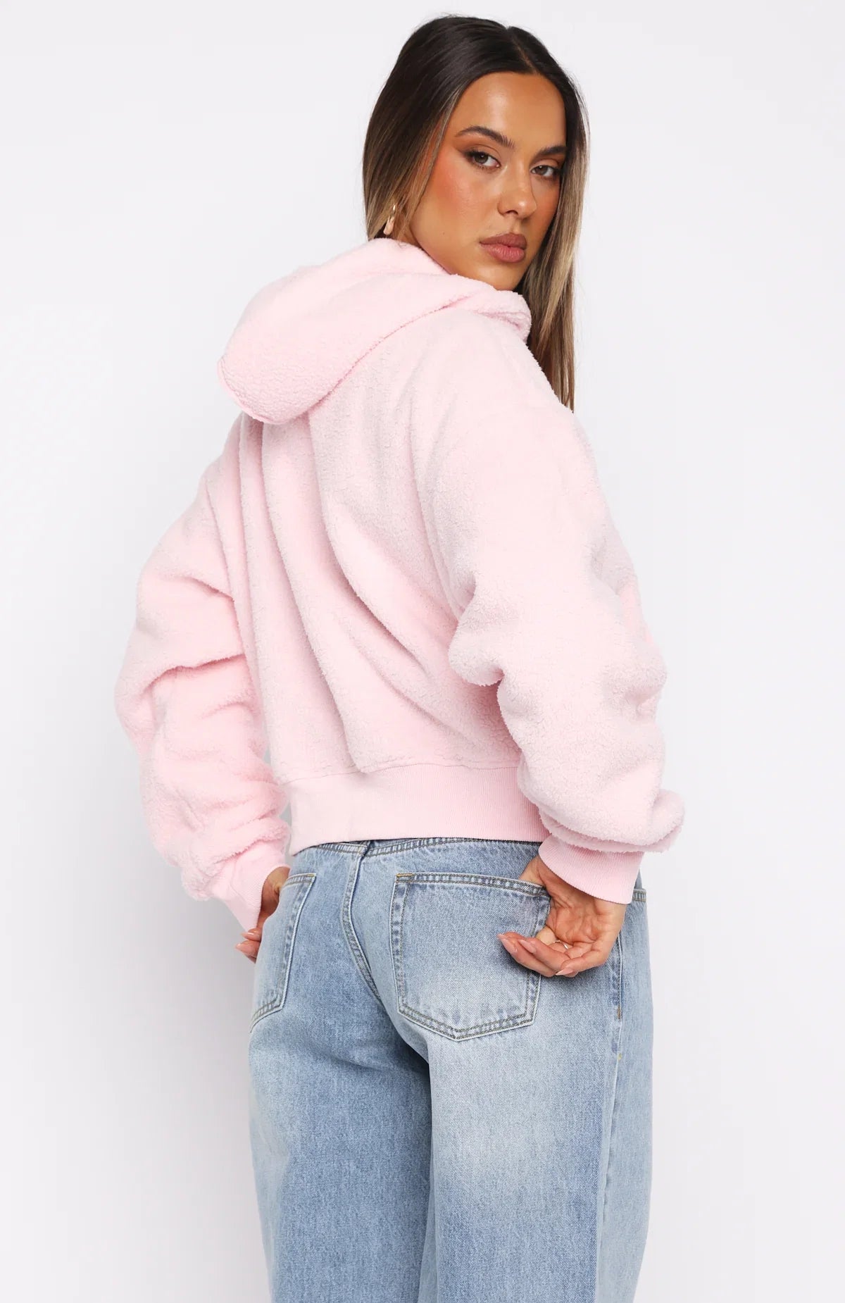 Always First Teddy Borg Boxy Zip Front Hoodie Pink