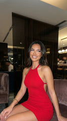 Olesya Open Back Ribbed Mini Dress Red