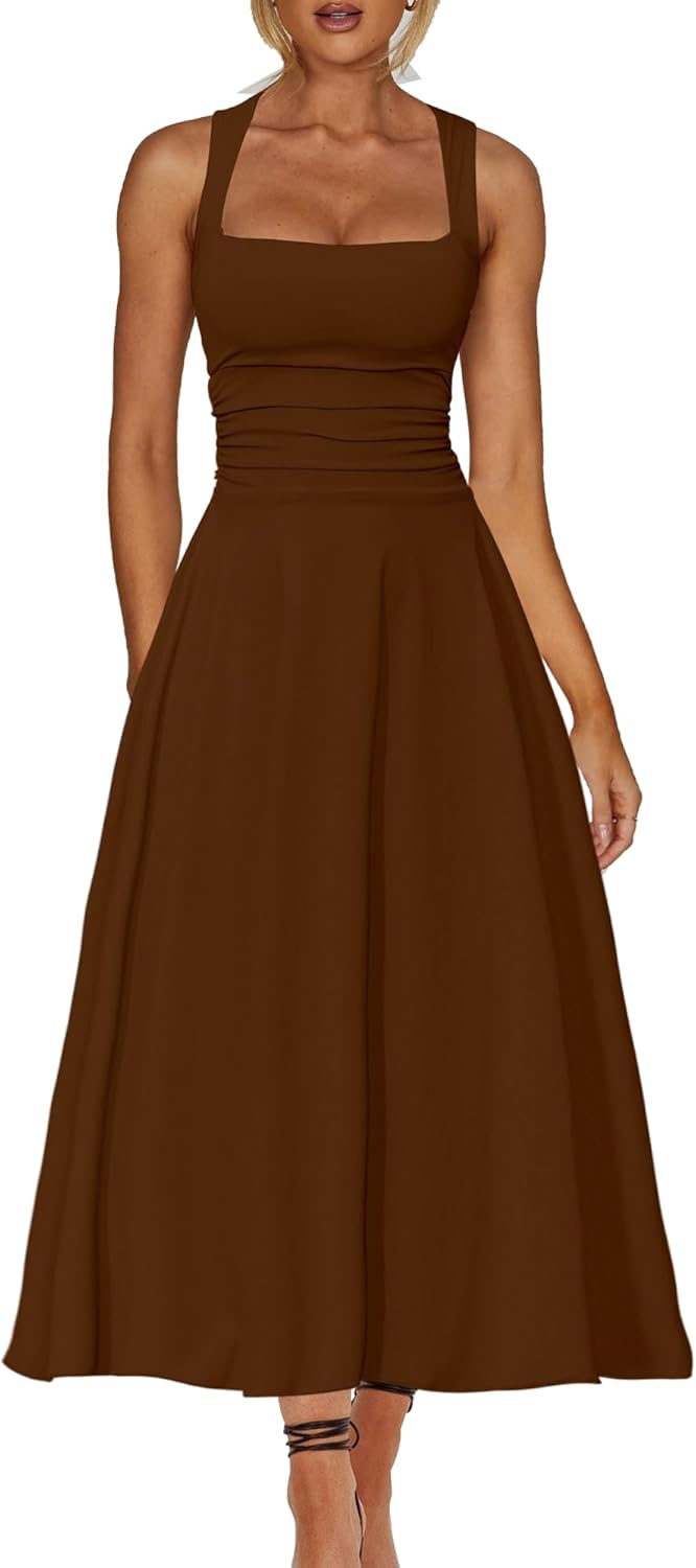 A Line Maxi Dress Ruffle Ruched Waist Flowy Long Dresses