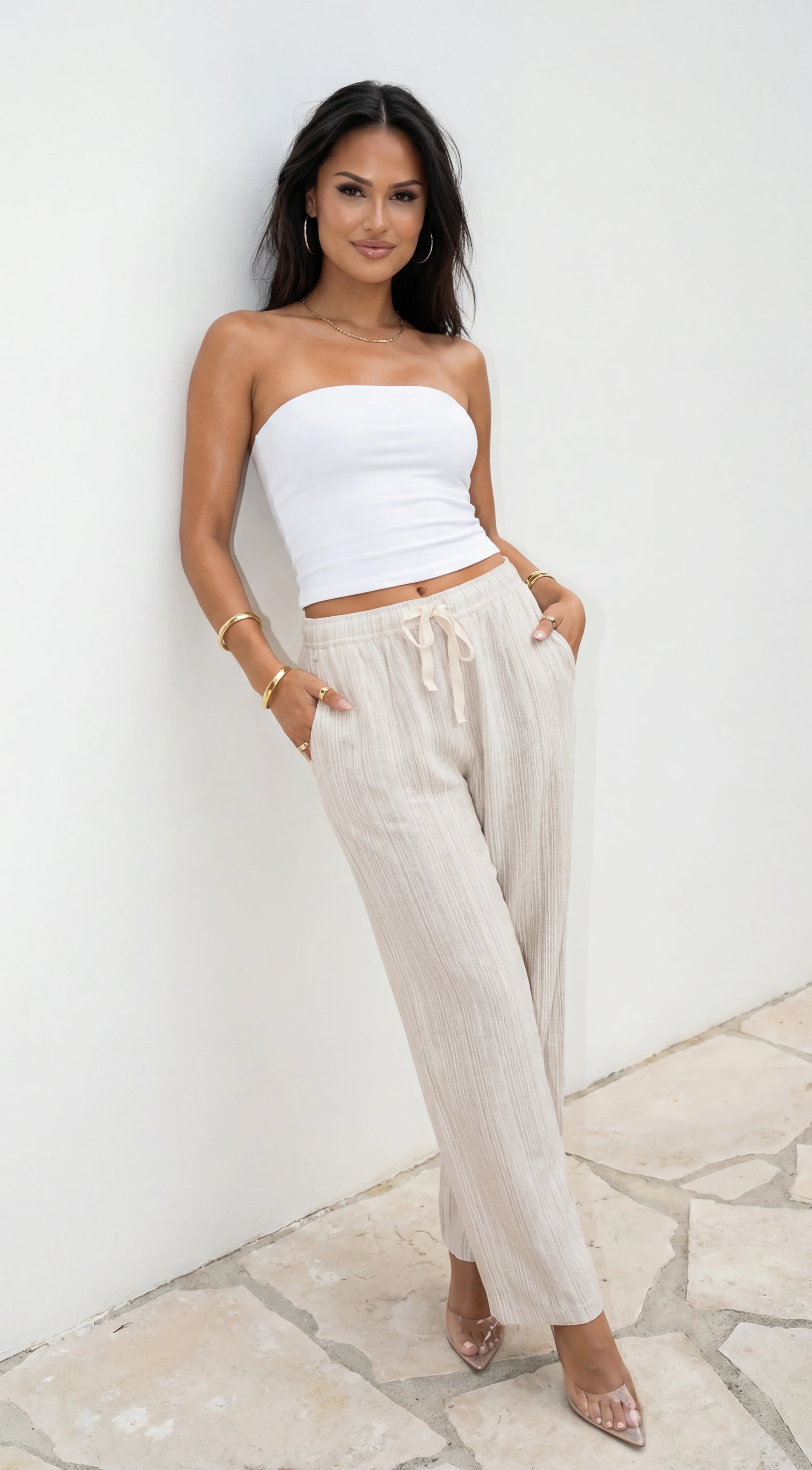 Marlow Striped Linen Wide Leg Pants Beige
