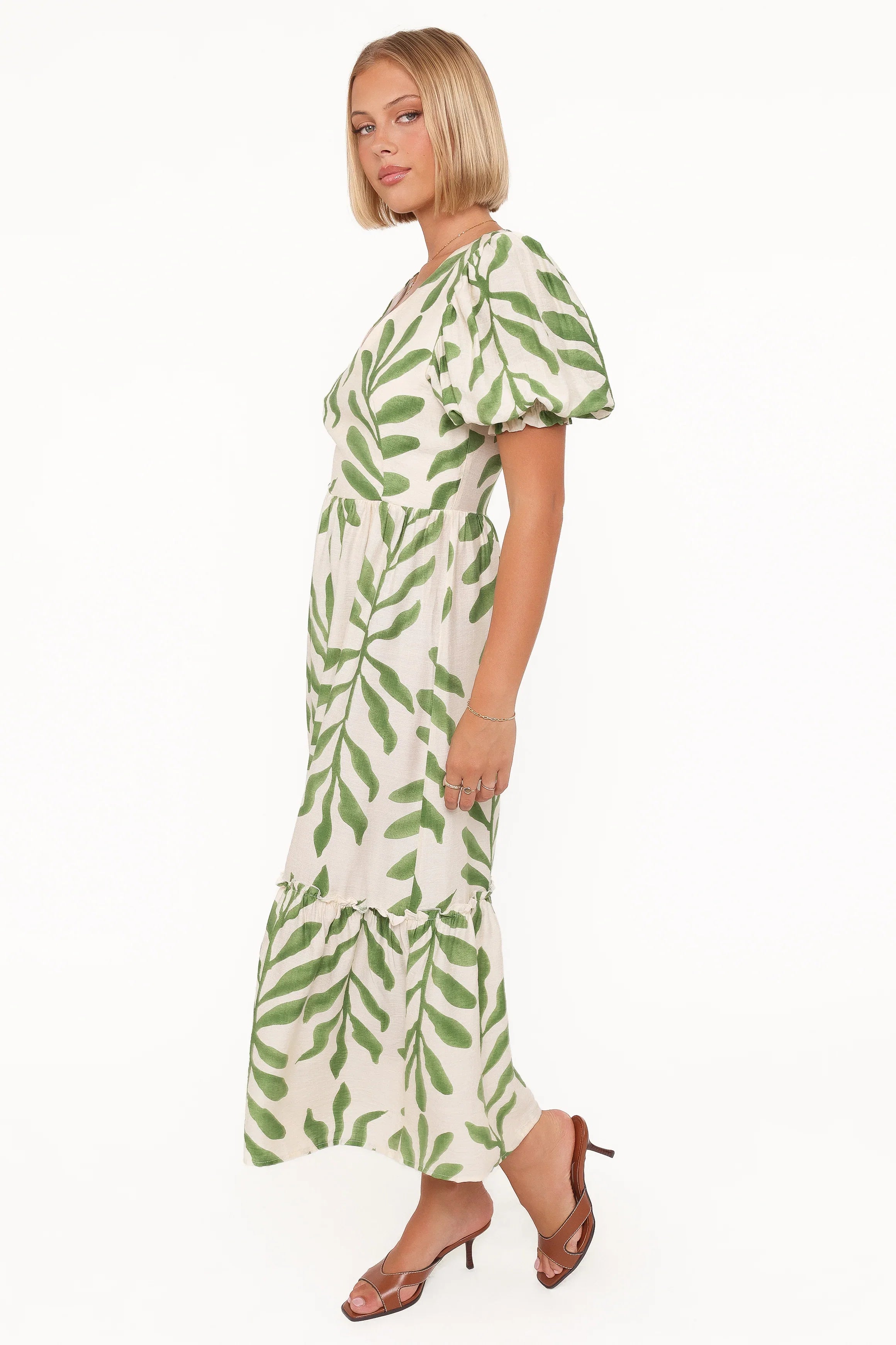 Steele Puff Sleeve Midi Dress Green Palm
