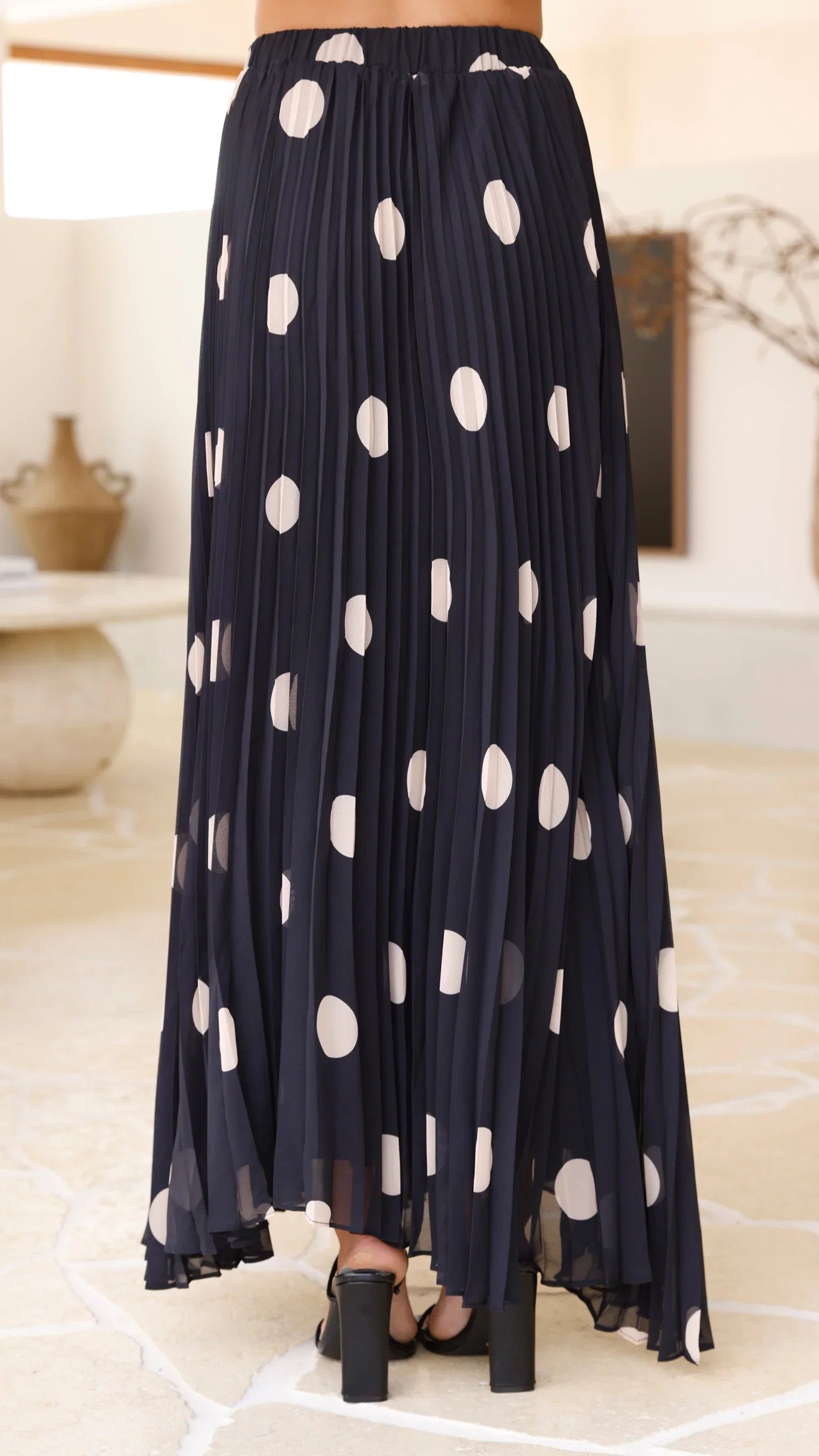 Cambree Peplum Top and Maxi Skirt Set Black Beige Polka Dot