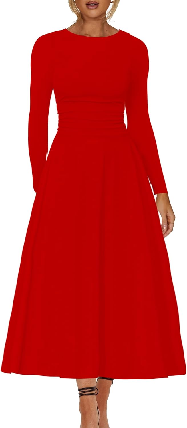 A Line Maxi Dress Ruffle Ruched Waist Flowy Long Dress