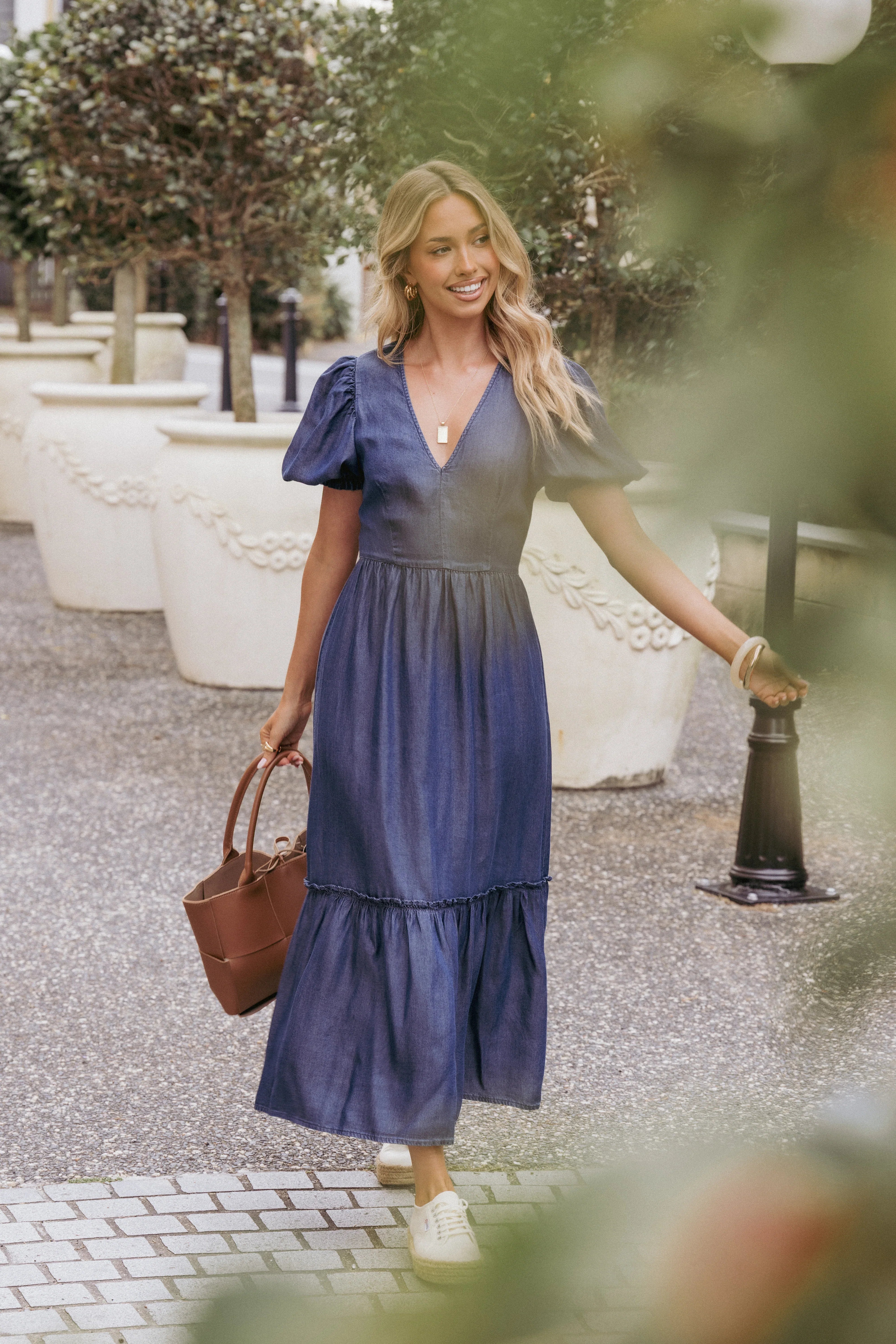 Steele Puff Sleeve Midi Dress Dark Denim