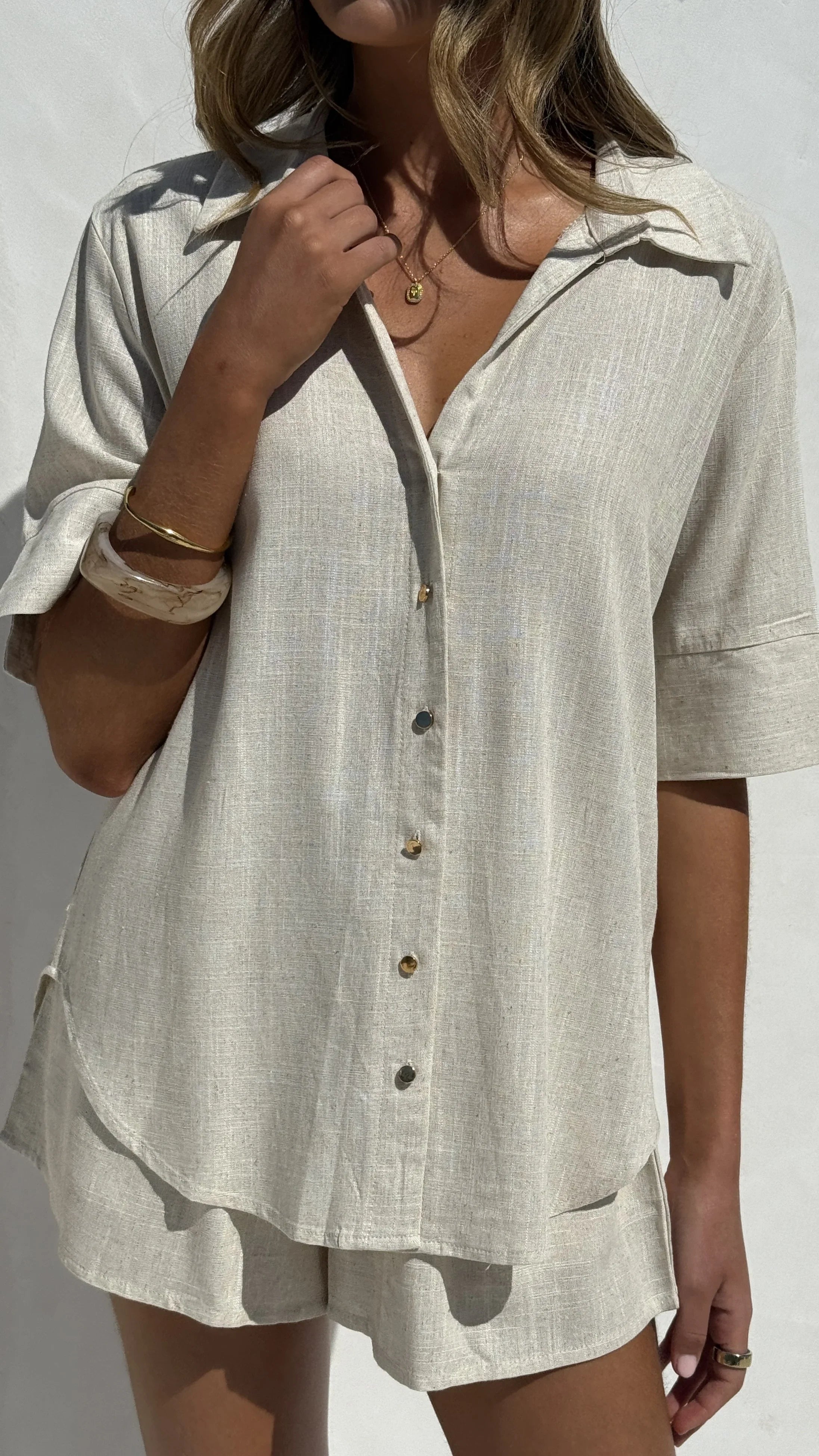 Ranae Button Up Shirt and Shorts Set Oatmeal