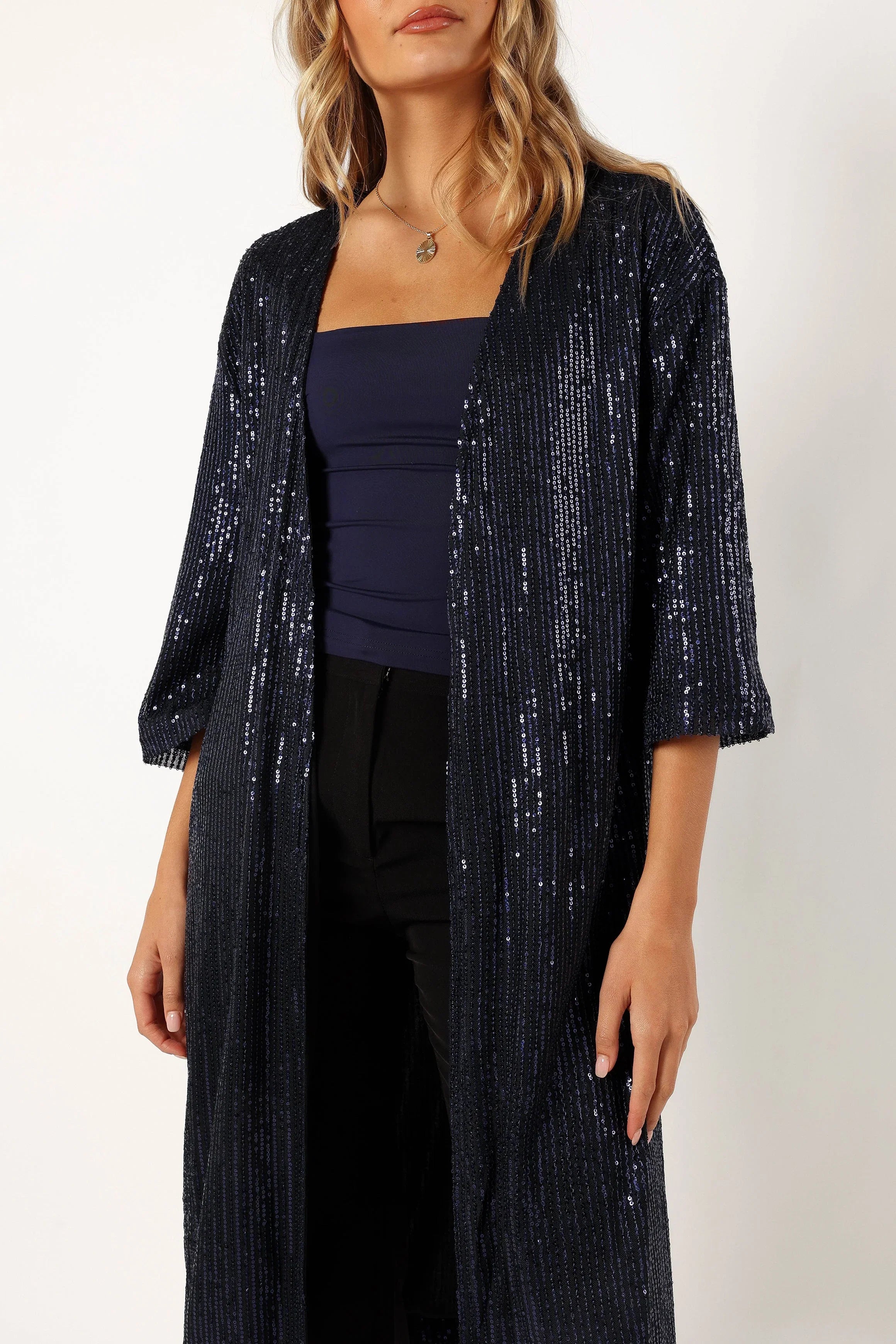Karsyn Open Front Sequin Duster Navy