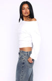 Falling For Him Cinched Waist Off Shoulder Long Sleeve Top White