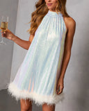 Darling Dawn Sequin Feather Trim Mini Dress