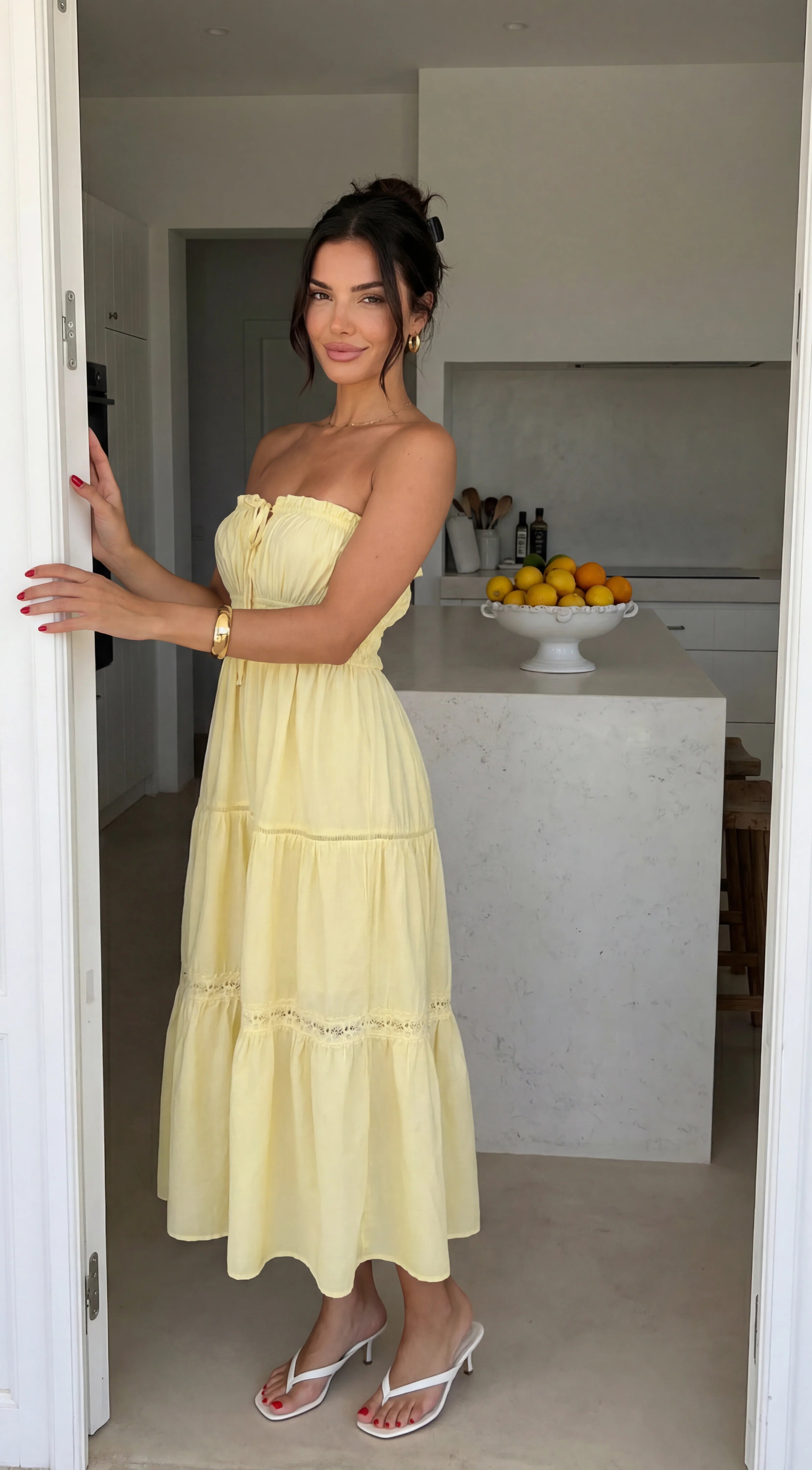 Sunbeam Tiered Lace Strapless Maxi Dress Butter Yellow