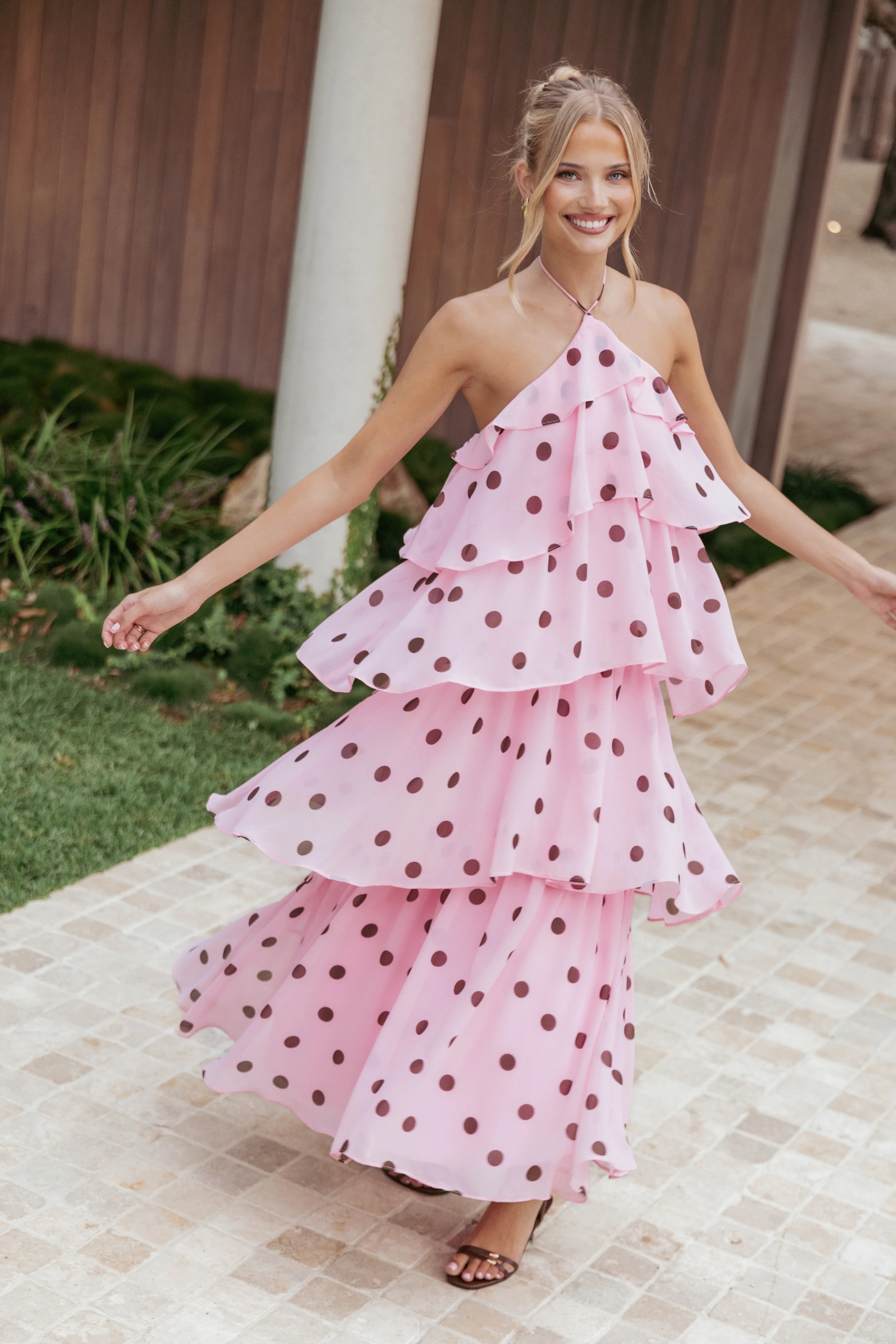 Chasity Halterneck Maxi Dress Pink Polka Dot