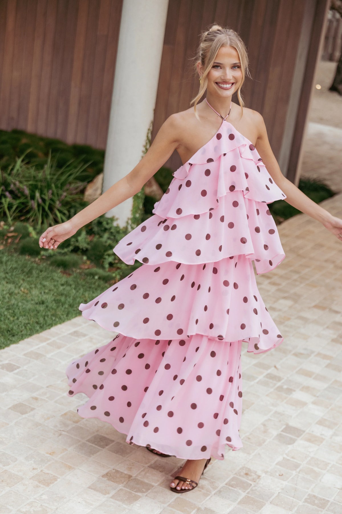 Chasity Halterneck Maxi Dress Pink Polka Dot