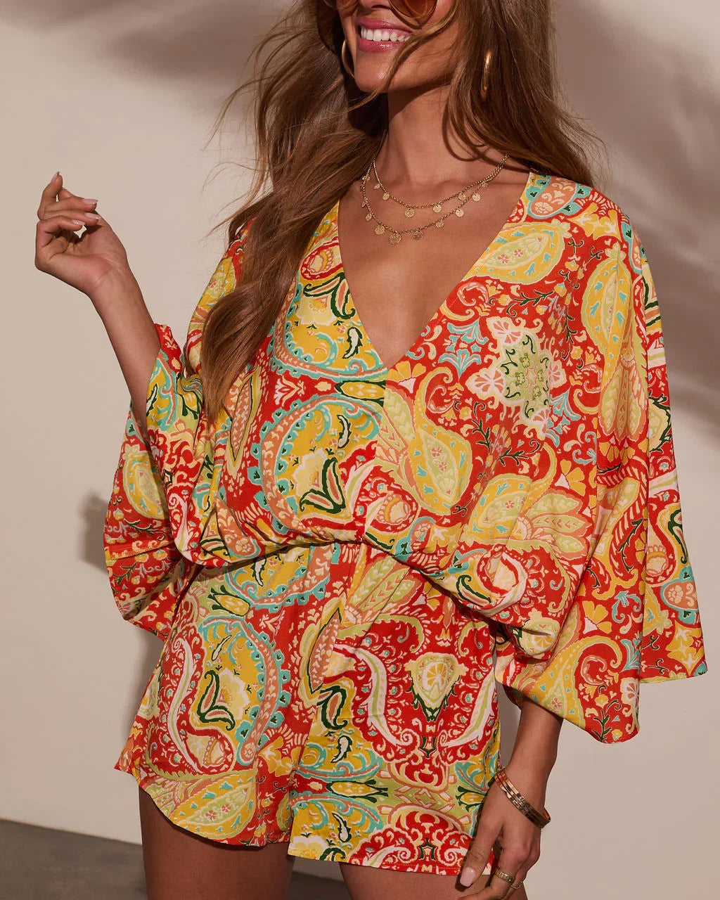 Sunset Gleam Abstract Kimono Sleeve Romper