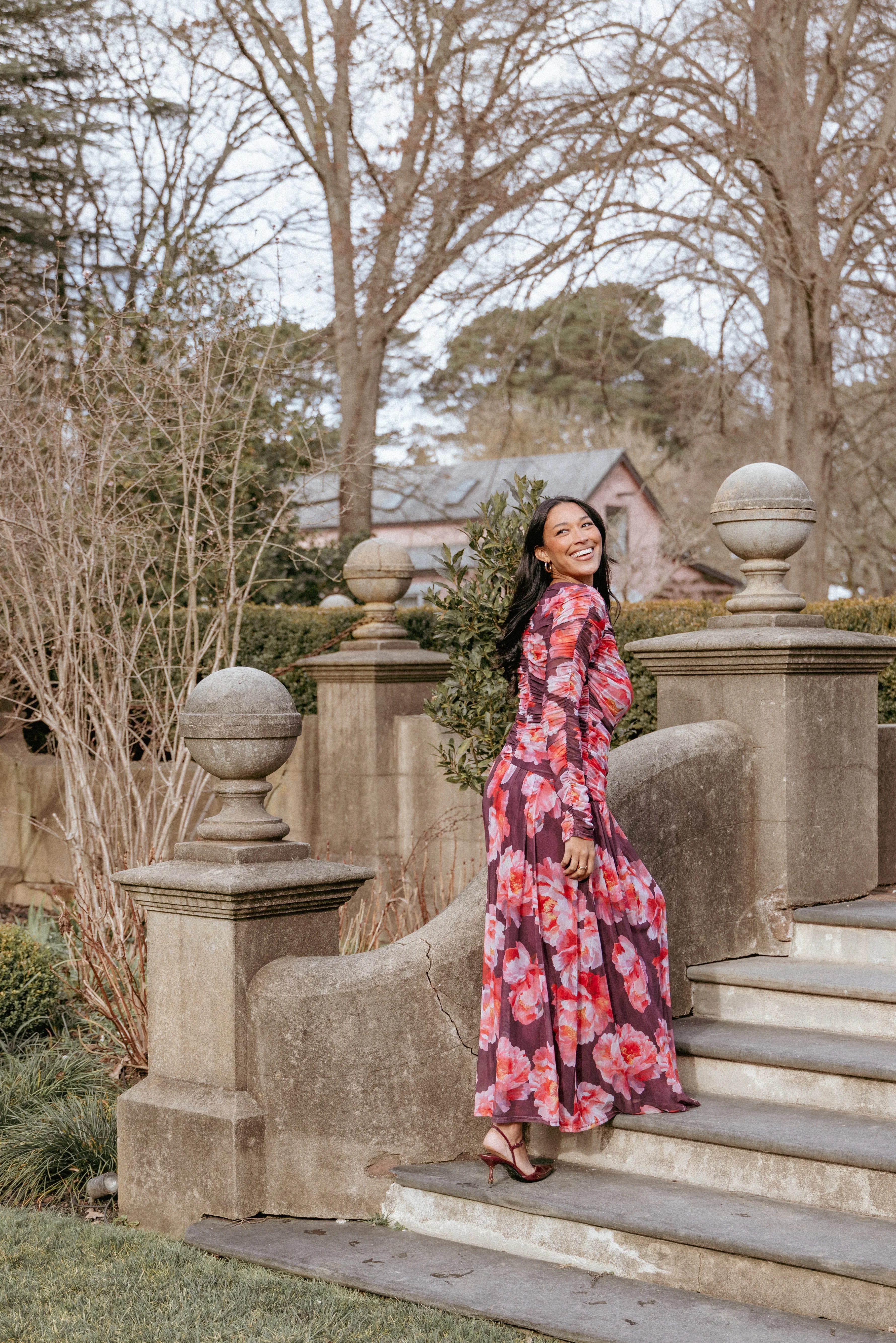 Calypso Long Sleeve Maxi Dress Burgundy Peony