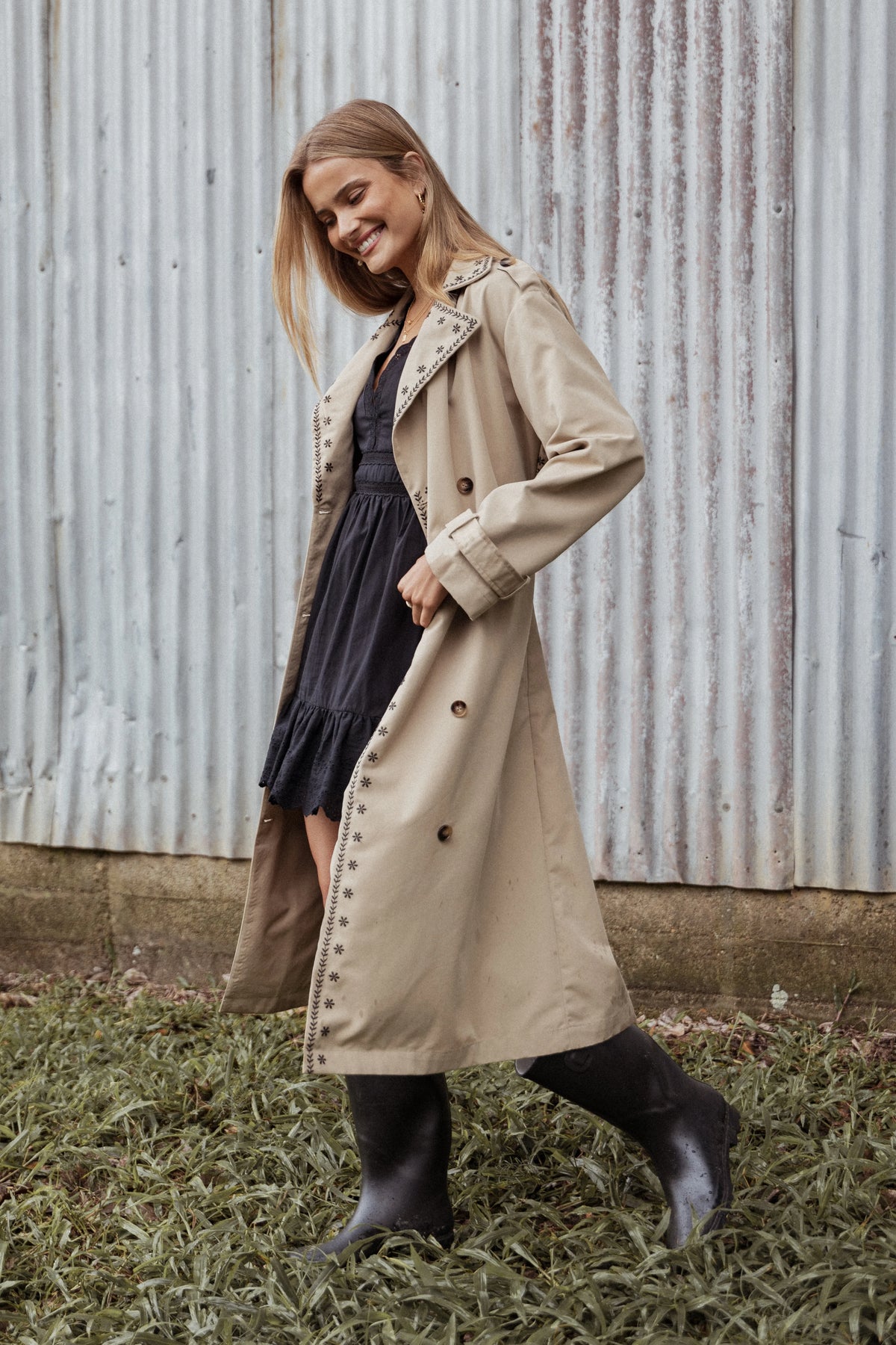 Grayson Embroidered Trim Trench Coat Taupe