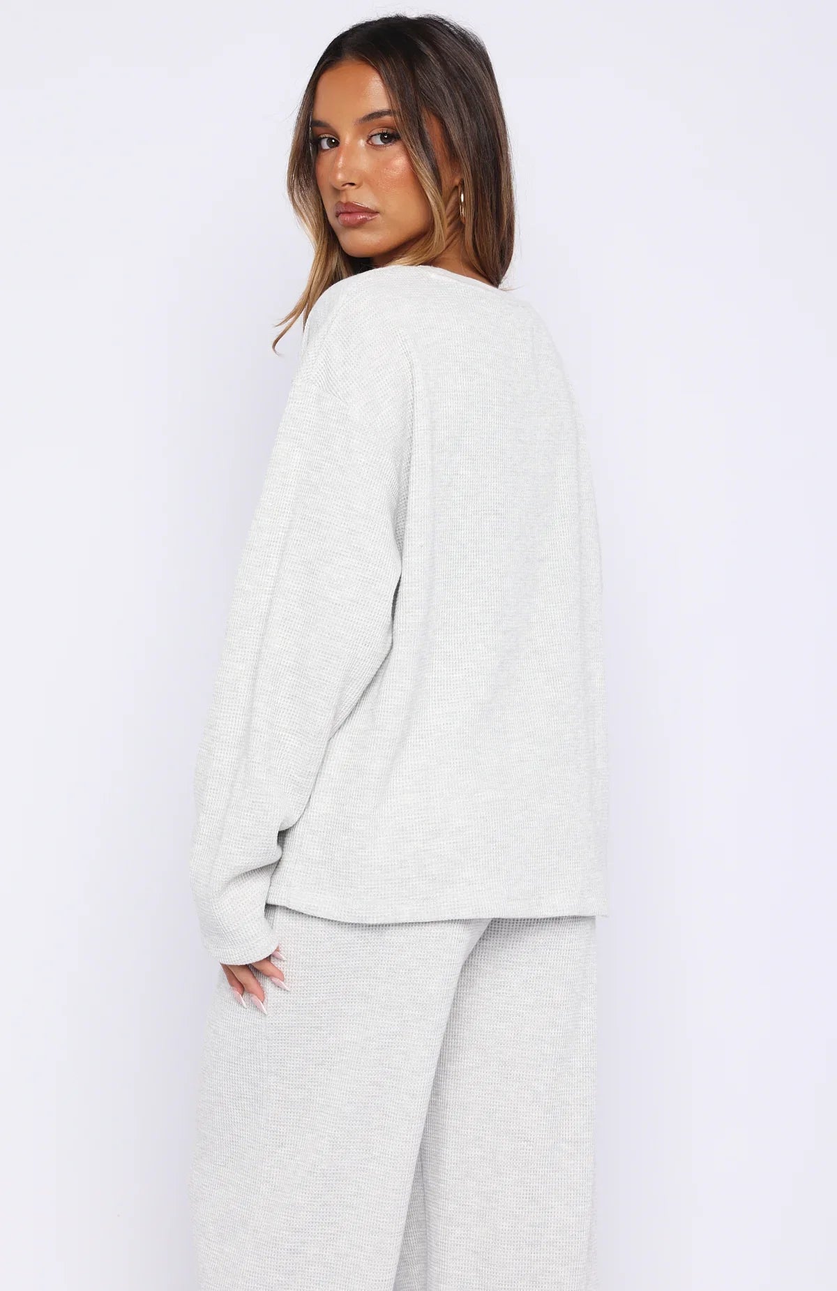 Leave Me Out Of It Waffle Oversized Long Sleeve Tee Grey Marle
