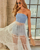 Leannie Smocked Chambray Tulle Top