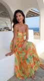 Nayira Floral Pleated Strapless Maxi Dress Orange Multi