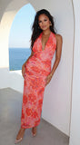 Sirenya Tropical Floral Halter Maxi Dress Coral Pink