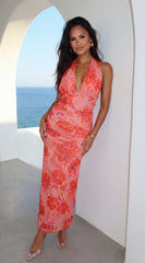 Sirenya Tropical Floral Halter Maxi Dress Coral Pink