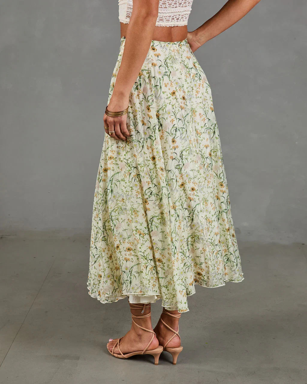 Adilene Pleated Floral Print Midi Skirt