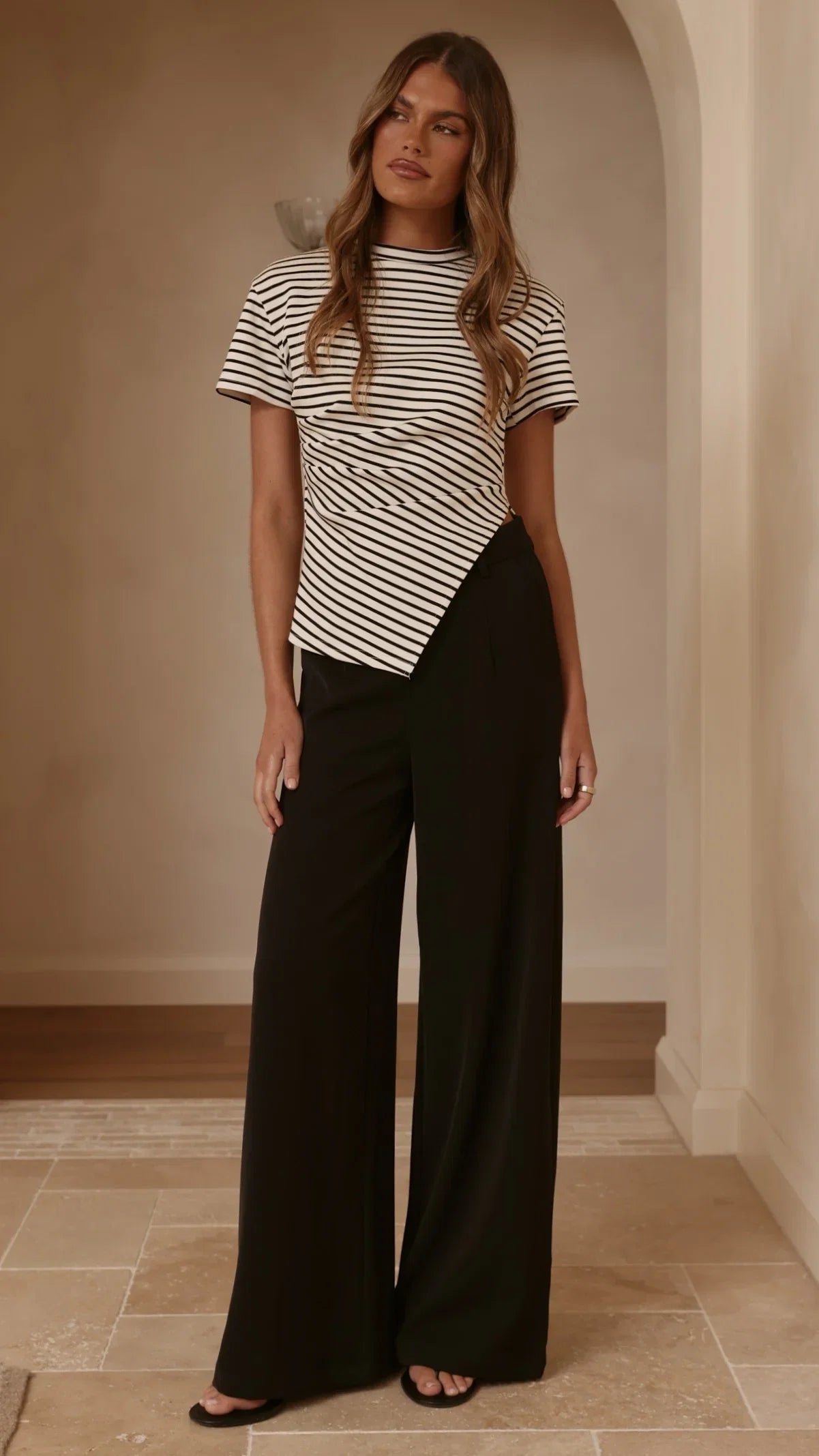 Tiarna Side Ruched Tee Black White Stripe