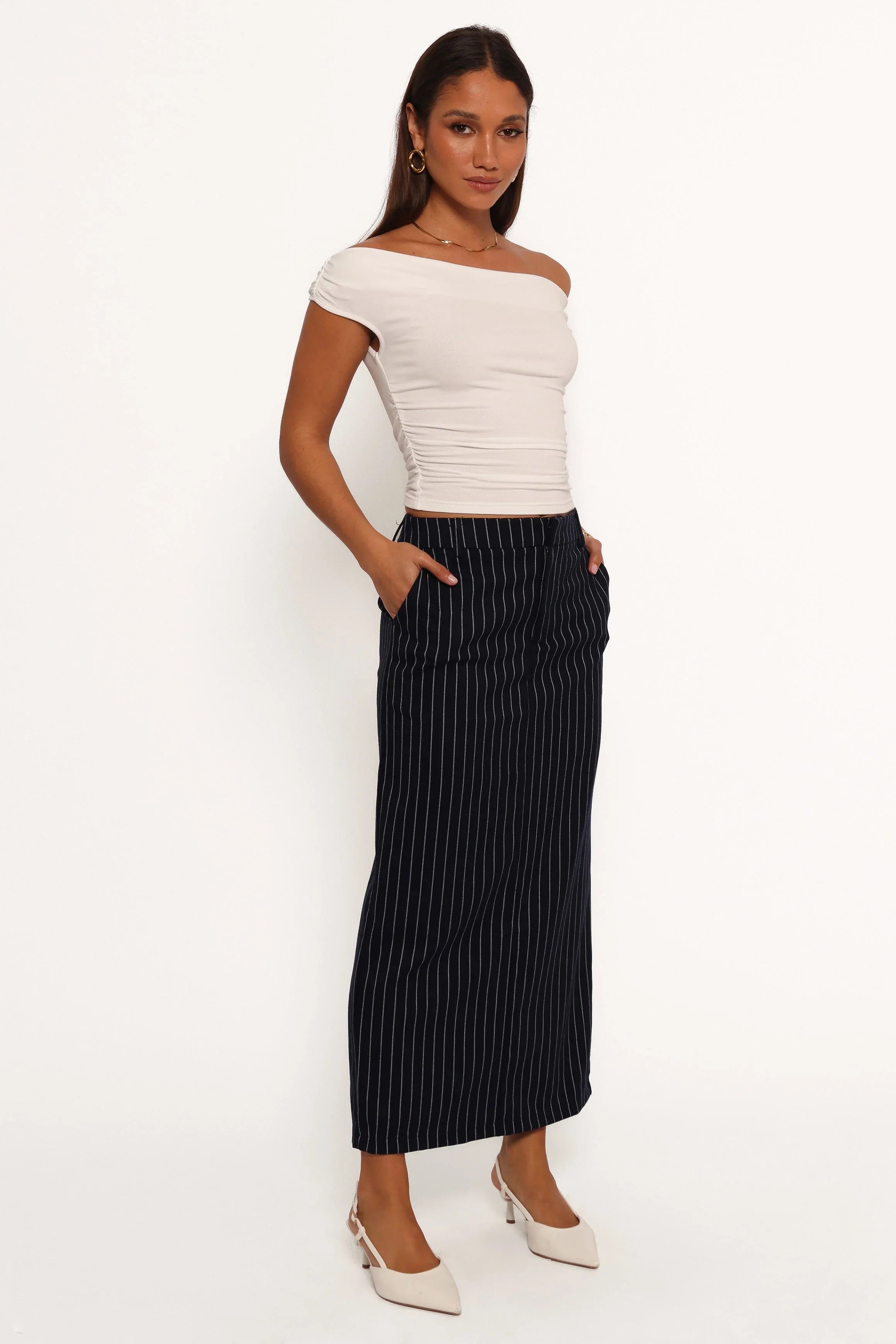 Ellory Midi Skirt Navy Pinstripe