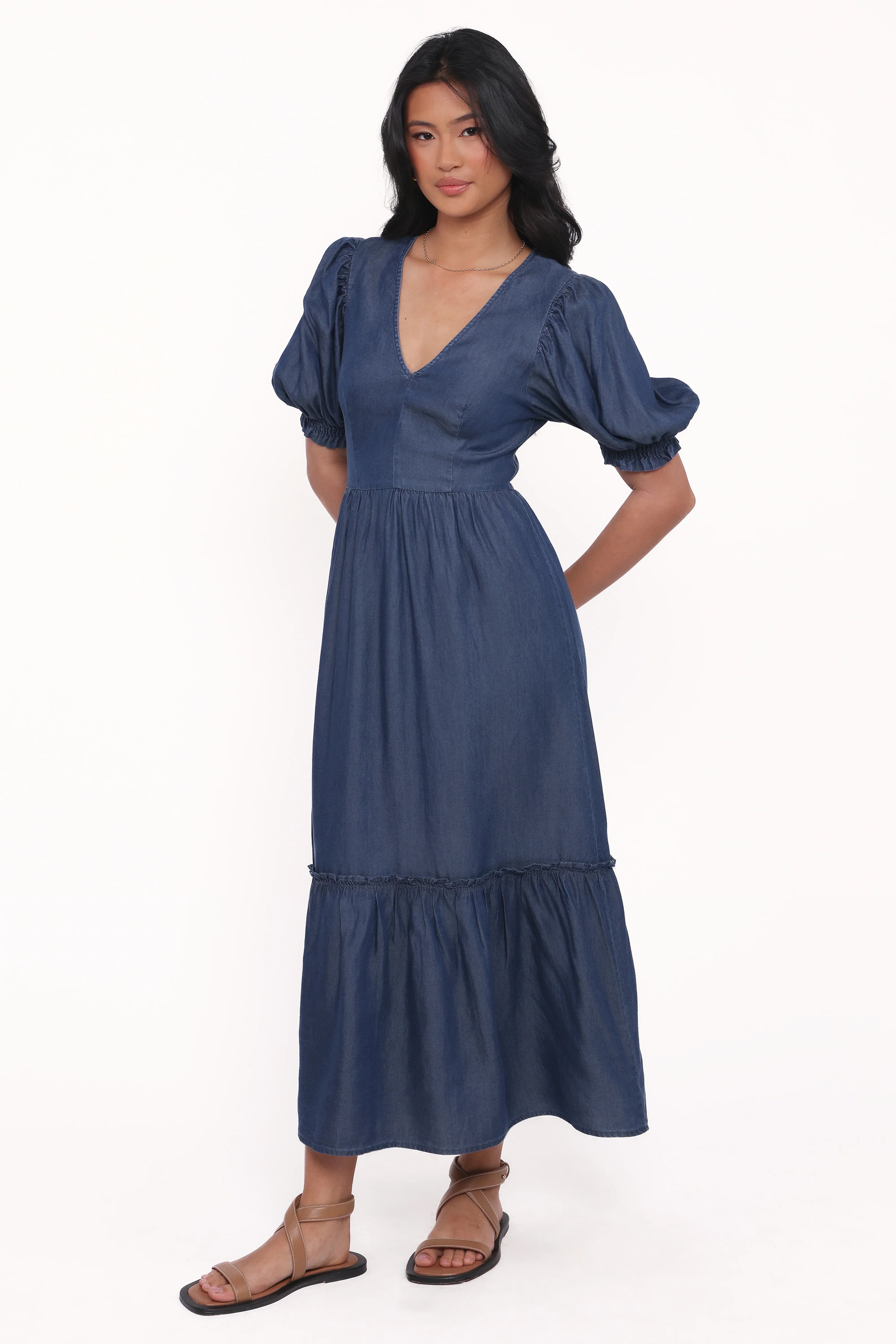 Steele Puff Sleeve Midi Dress Dark Denim