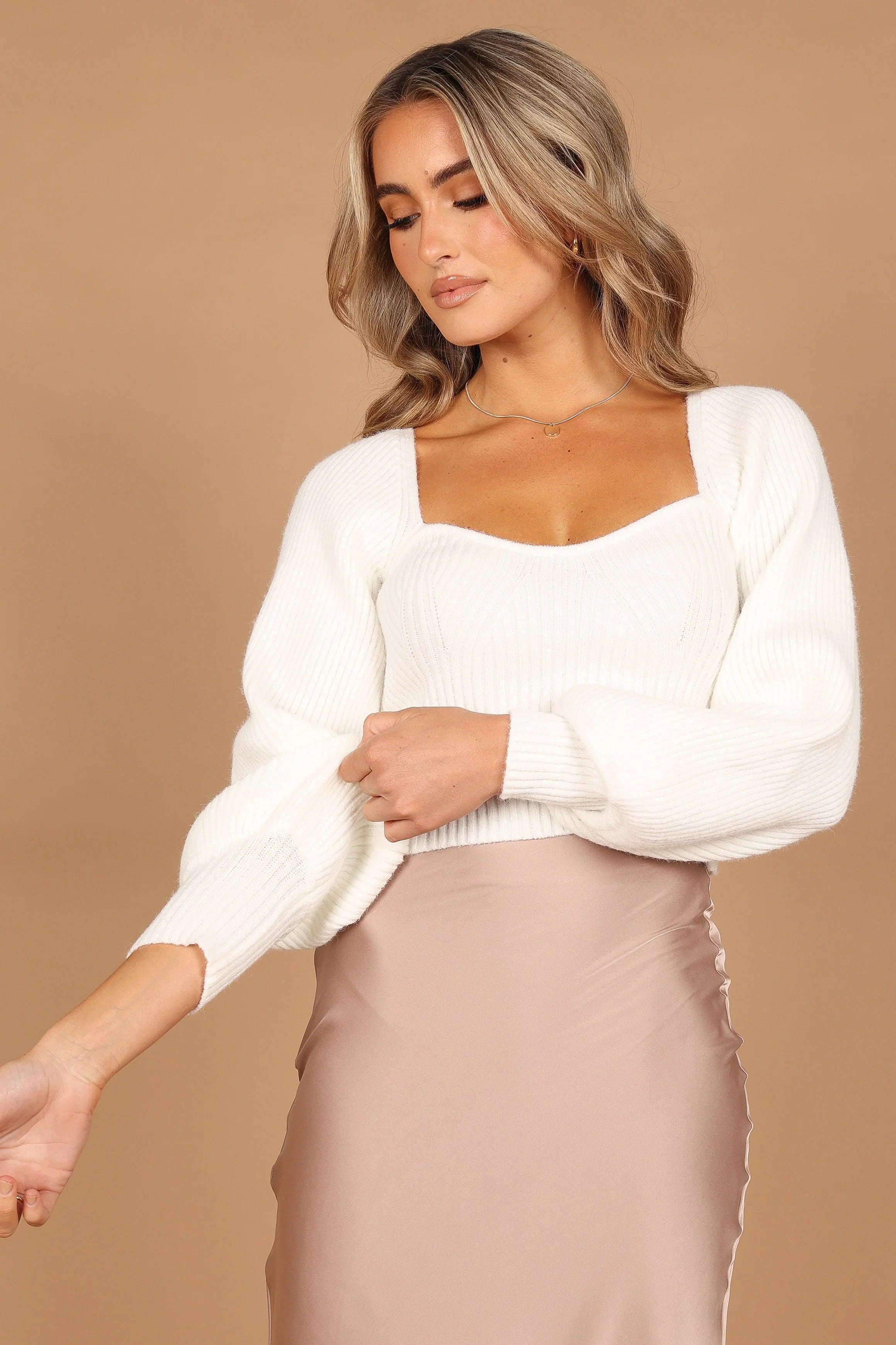 Gia Sweetheart Neck Bell Sleeve Knit Sweater White