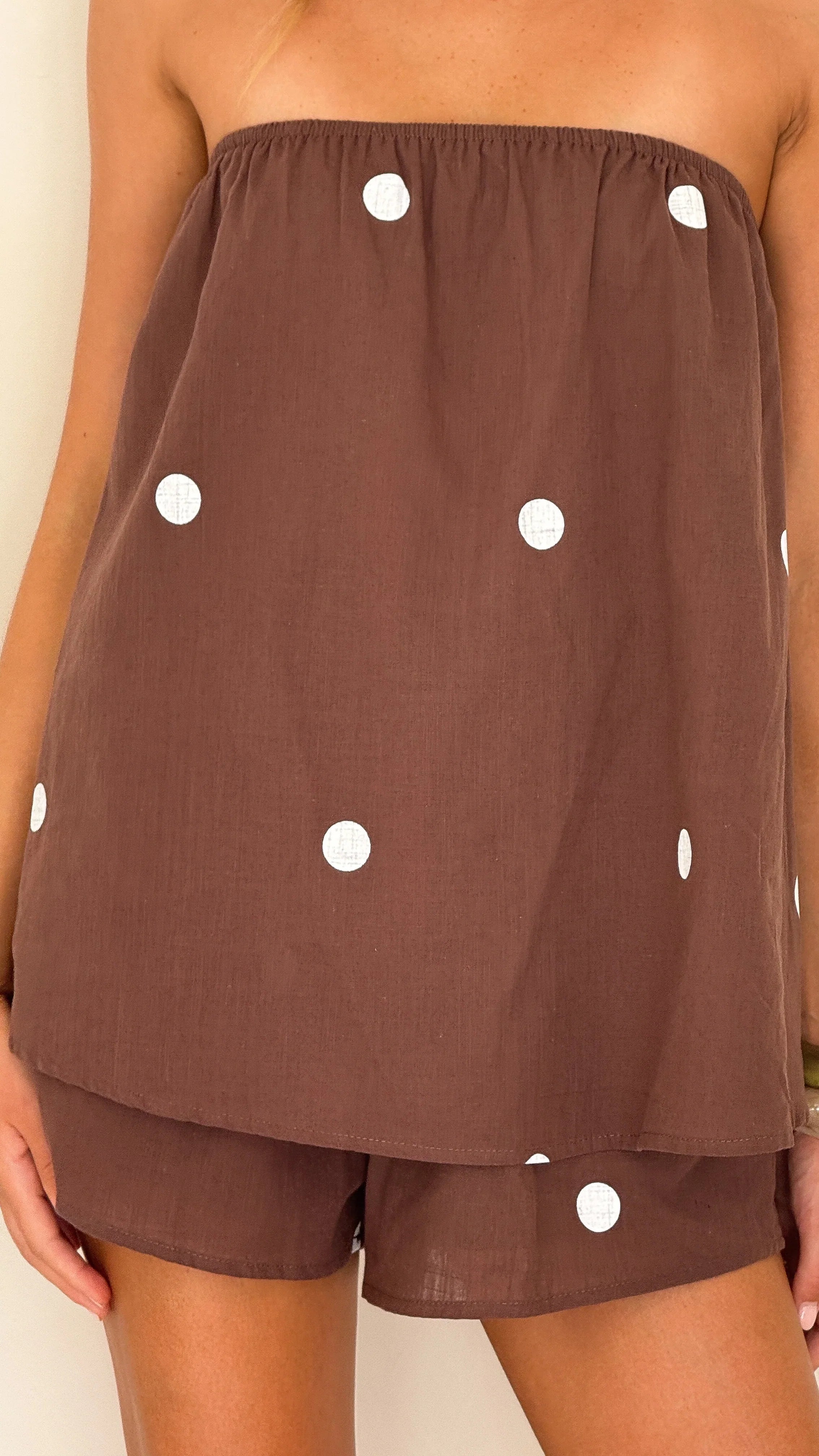 Calliope Strapless Top and Shorts Set Brown White Polka