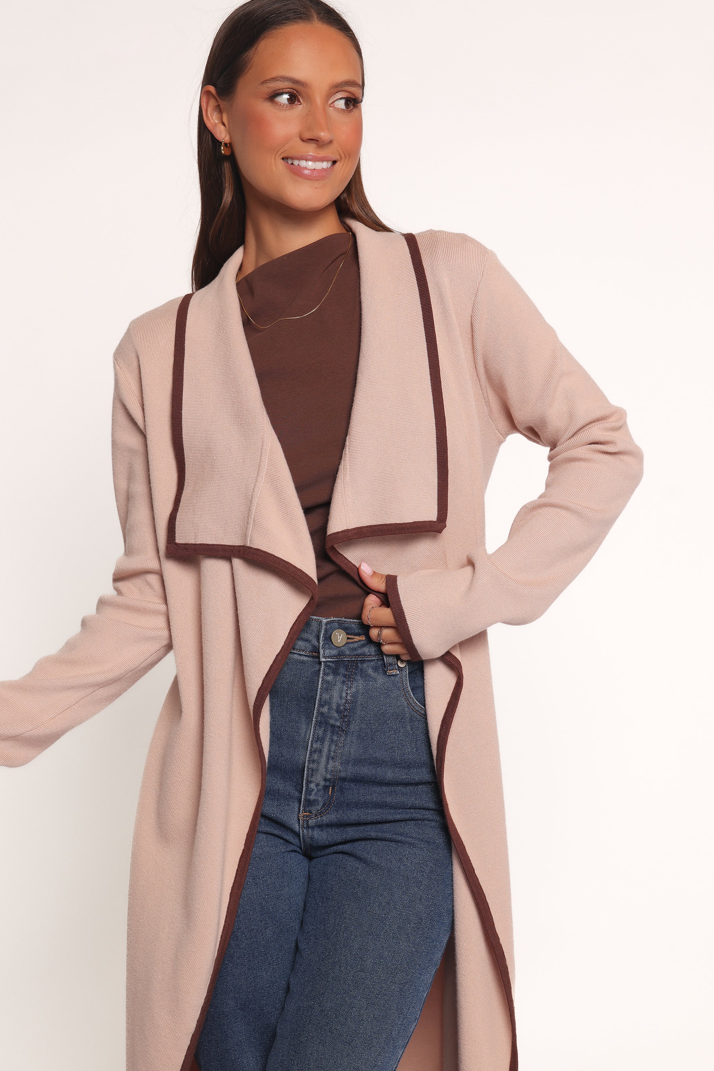 Vallis Contrast Trim Long Cardigan Beige